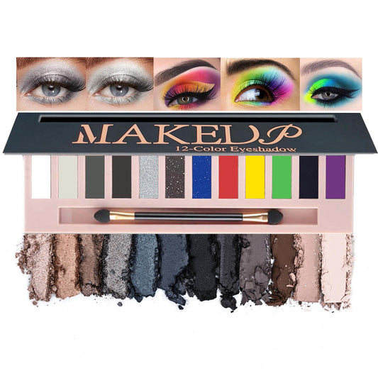BestLand 12 Colors Black Silver Eye Makeup Eyeshadow Palette Natural Nude Matte Shimmer Glitter Pigment Eye Shadow Pallete Set Waterproof Smokey Rainbow Neon Colorful Eyeshadow Palette (Color D)