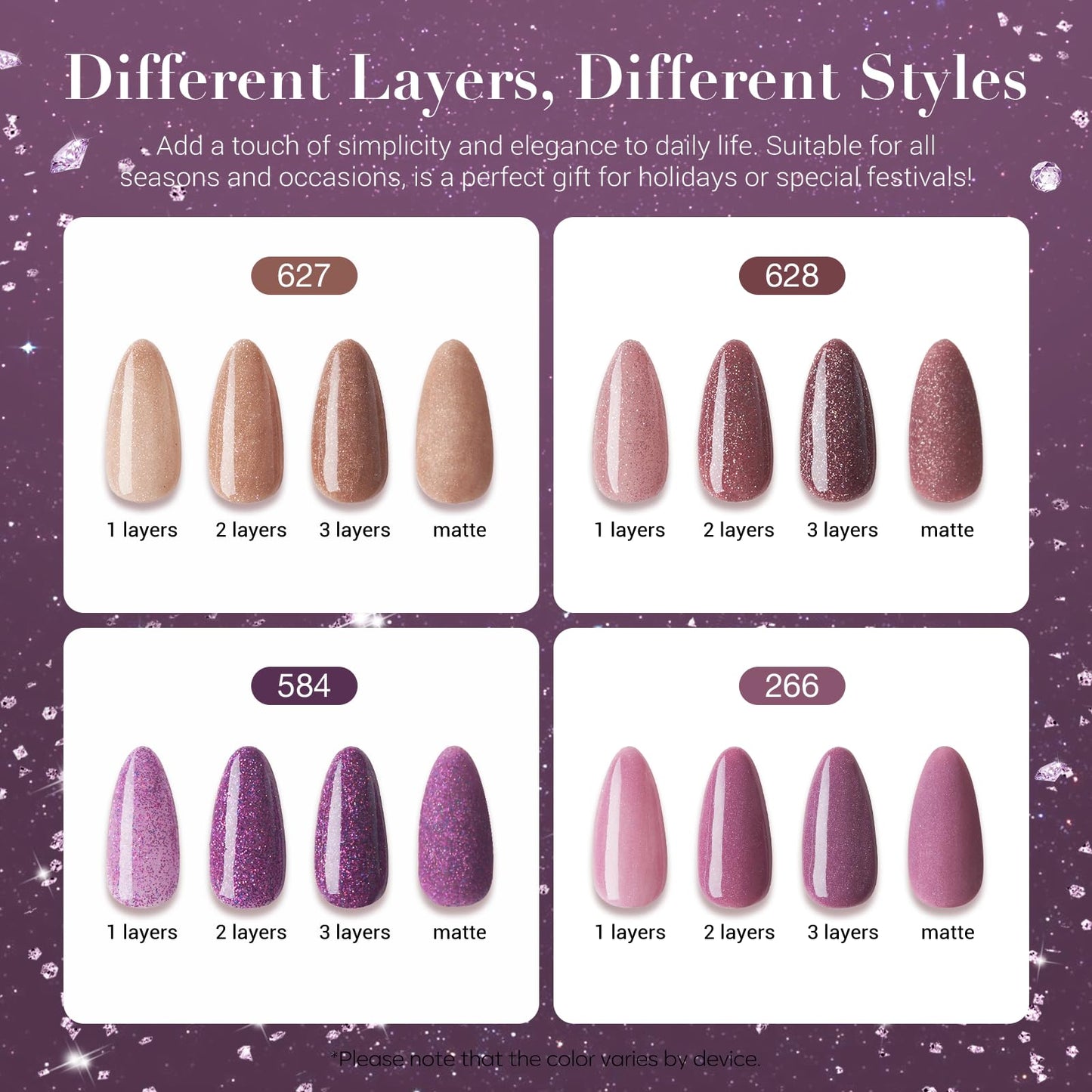 AZUREBEAUTY Dip Powder Nail Kit, 4 Colors Brown Purple Glitter Dipping Powder Starter Liquid Set Recycling Tray with Base & Top Coat Activator for French Nail Art Manicure Salon DIY at Home