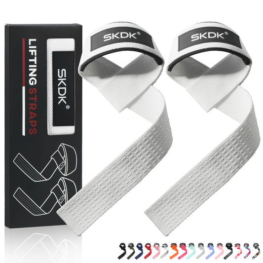 SKDK Cotton Hard Pull Wrist Lifting Straps Grips Band-Deadlift Straps with Neoprene Cushioned Wrist Padded and Anti-Skid Silicone - for Weightlifting, Bodybuilding, Xfit, Strength Training (White)