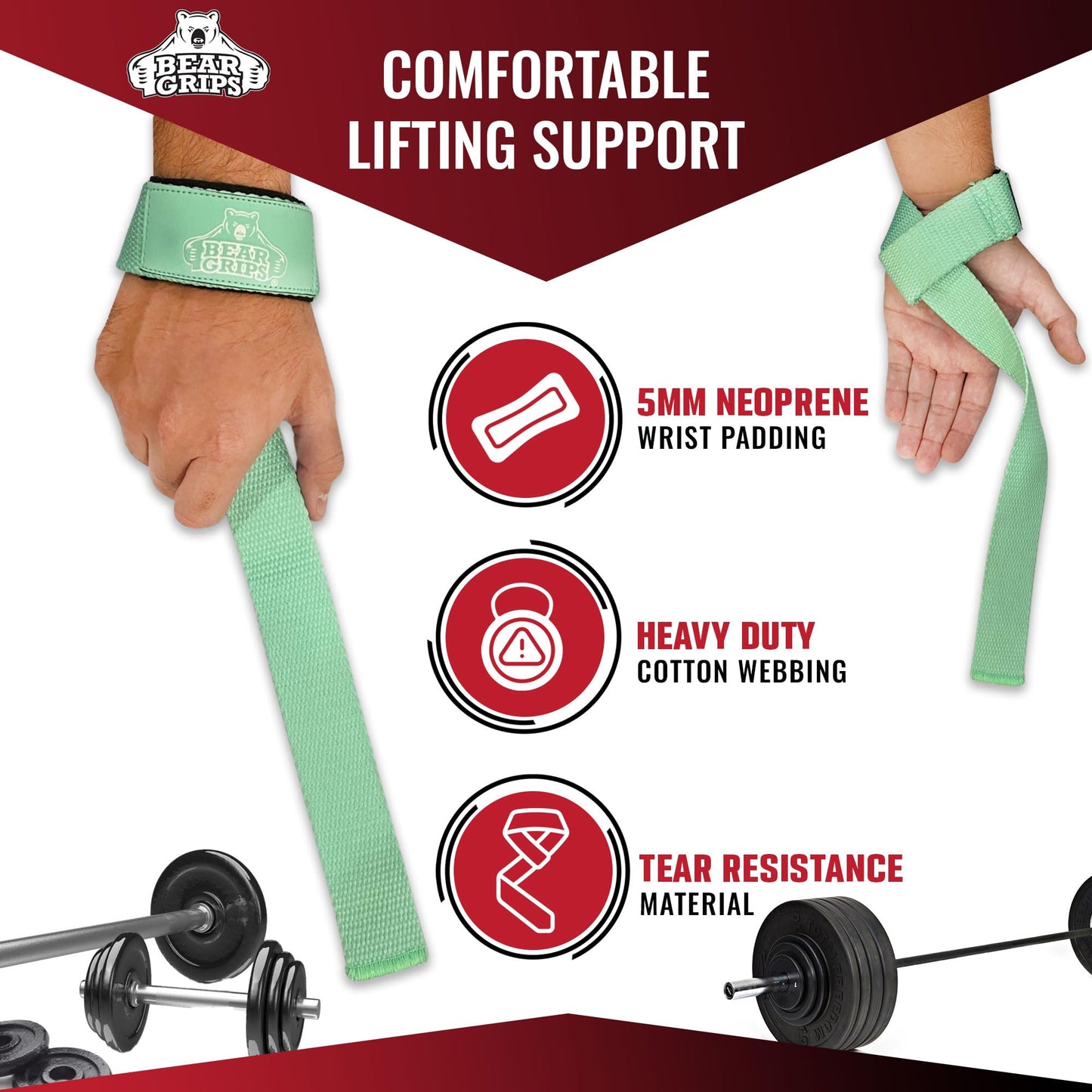 Bear Grips Lifting Straps Gym, Wrist Straps for Weightlifting, Gym Straps, Weightlifting Straps, Deadlift Straps, Weight Lifting Straps for Men, Weight Straps Lifting Women, 2 Lifting Strap Mint Green