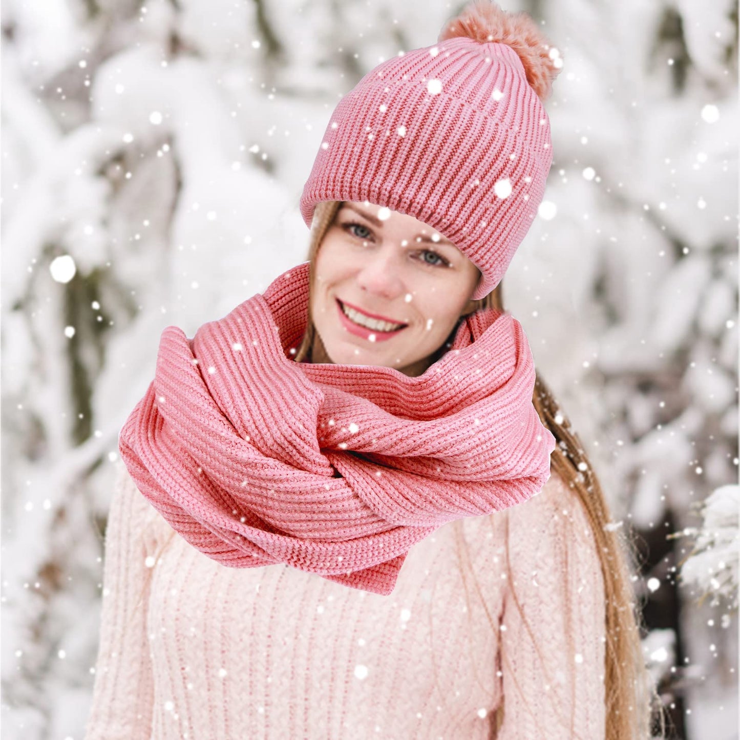 Winter Beanie Hat Scarf and Gloves Set for Women Girls, Soft Warm Thick Fleece Lined Knit Hat with Pompom, Winter Gloves and Scarf for Girls