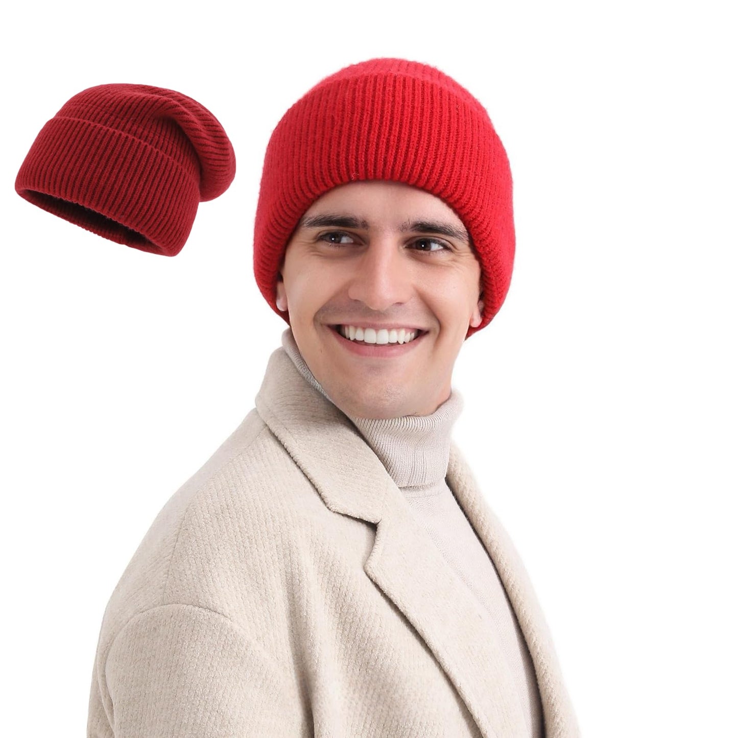 Three Layers of Cuffs Knit Red Beanies Hats Men Mens Warm Winter Red Beanie Hats for Women Hat Ski Hat Cap (Bright Red)