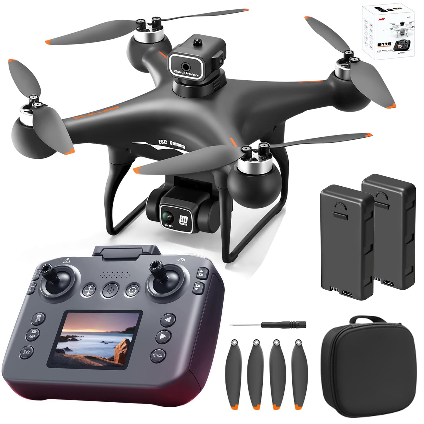 S116 GPS Drone with Screen Controller, Two-batteries, Brushless Motor, Altitude Hold, One Key Take Off/Landing, with Black Outdoor Carrying Case (Black - 2 batteries)