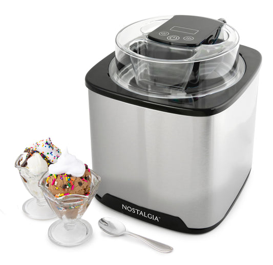 Nostalgia 2-Quart Electric Ice Cream Maker – Make Homemade Ice Cream, Gelato, Sorbet & Frozen Yogurt – No Salt/Ice Needed, Digital Controls, Mix-In Chute & Freezing Gel Canister – Stainless Steel