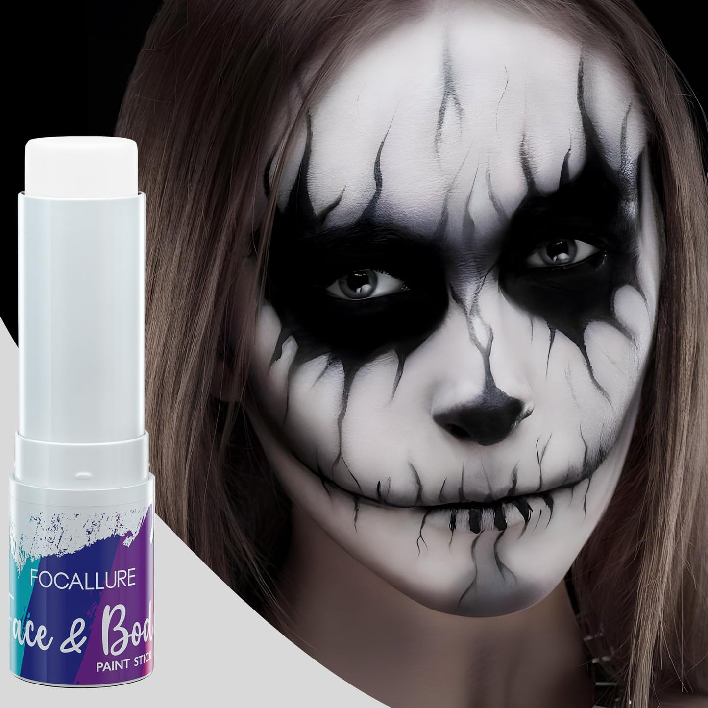 FOCALLURE Face Body Paint Stick,Eye Black Stick for Sports,Face Painting Kit Professional Hypoallergenic Foundation Makeup for Halloween Cosplay SFX Costume Party,White Skeleton