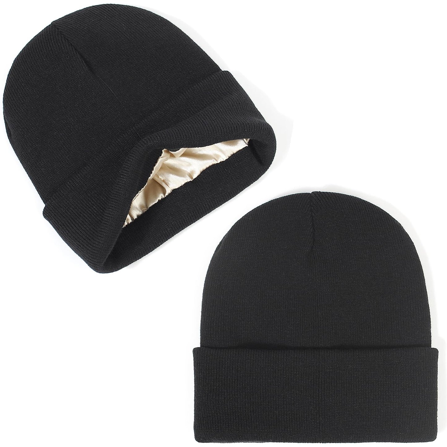 Unisex Satin Lined Winter Beanie for Women Men Silky Lining Slouchy Skull Cap Knitted Cuffed Skiing Knit Hat (Black & Wine Red)