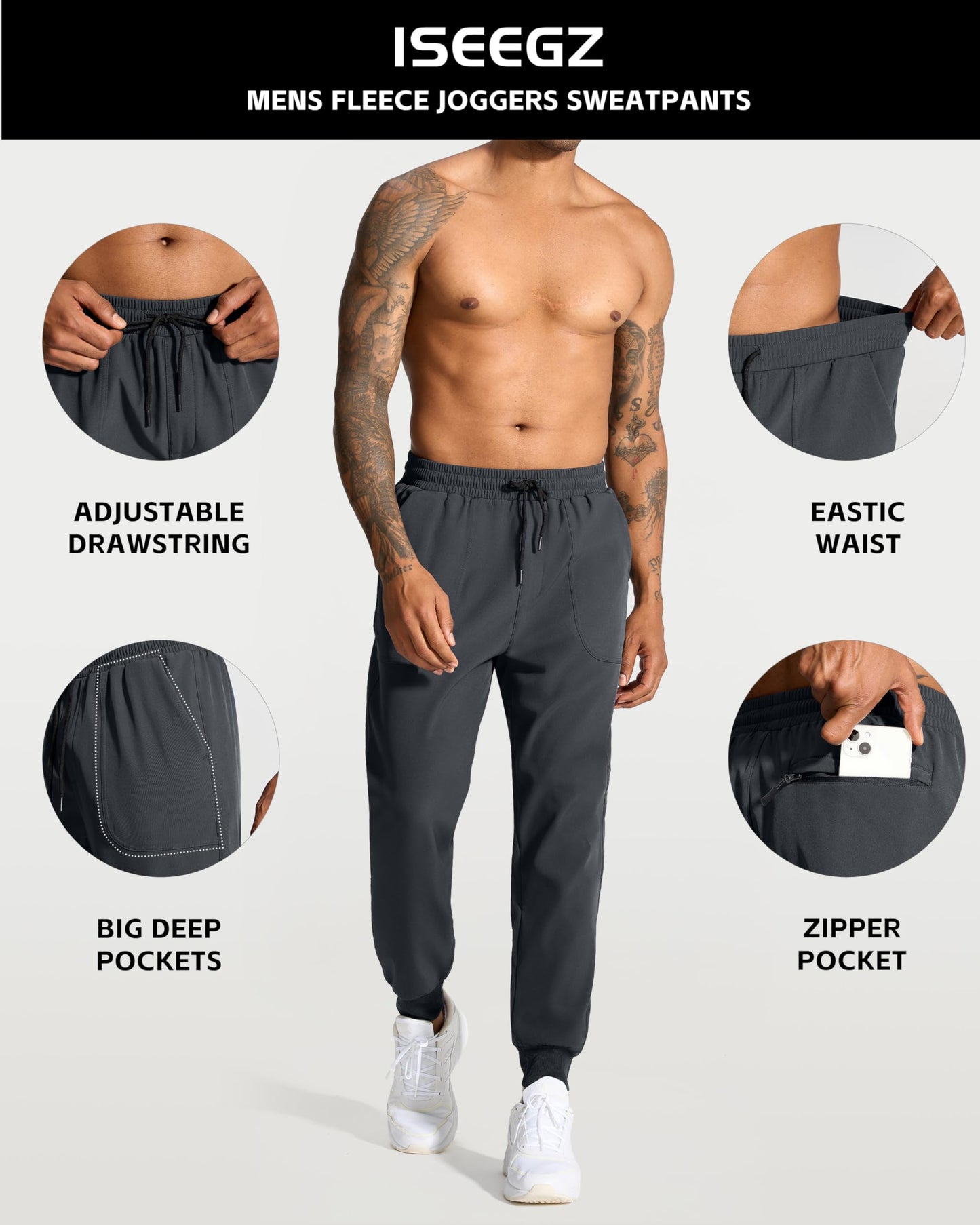 ISEEGZ Fleece Lined Pants for Men Mens Winter Joggers Sweatpants Active Track Workout Running Pants with Deep Pockets
