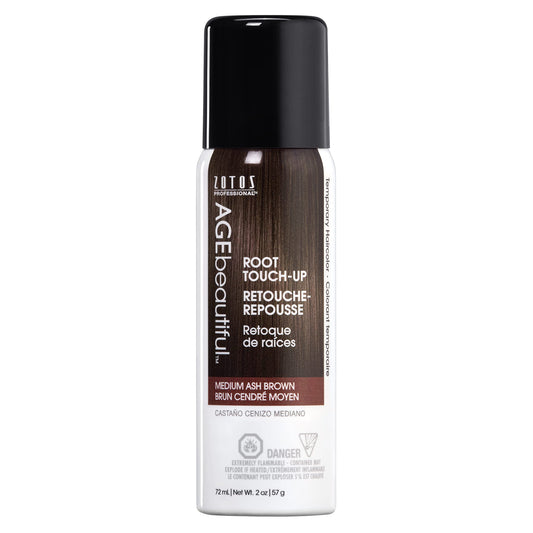 AGE beautiful Root Touch Up Hair Color Spray | Touch-Up Gray Concealer | Temporary Cover Up | Adds Volume & Covers Thinning Patches | Water, Sweat, Stain Resistant | Medium Ash Brown | 2 Oz