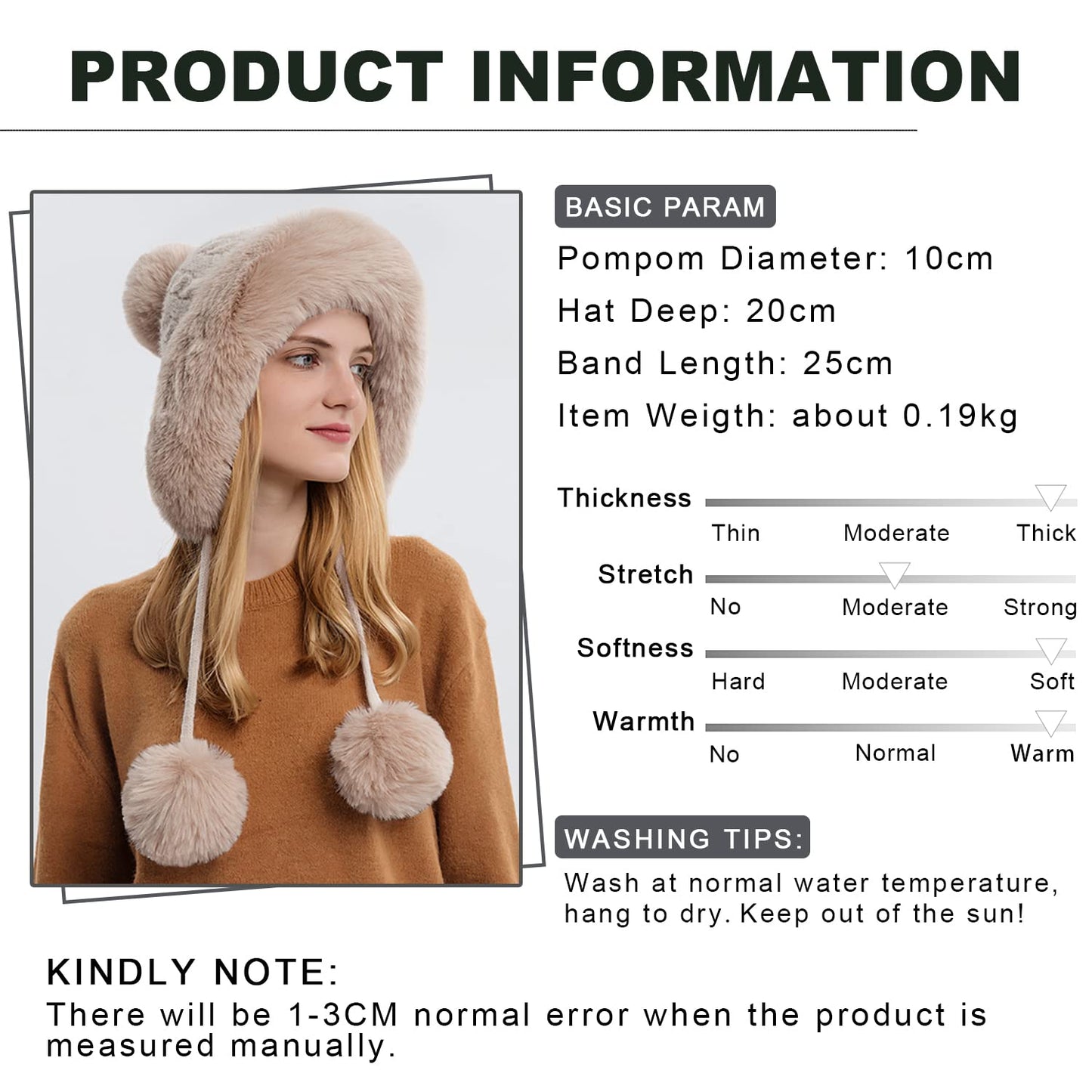 Dawfold Women Knit Beanies Hats Winter Peruvian Cover Ears Faux Fur Crochet Skull Cap with Pompom Fluffy Fleece Lined Khaki