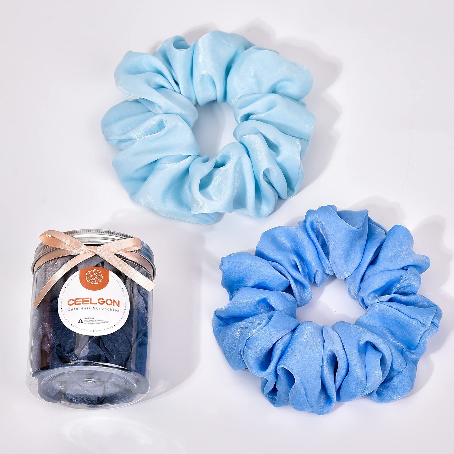XL Big Silk Scrunchies Hair Ties for Women - CEELGON Oversized Satin Silk Scrunchie Exra Large Jumbo Gaint Soft Chiffon Cute Scrunchy for Curl Thick Hair 4 Pack (Blue Series)