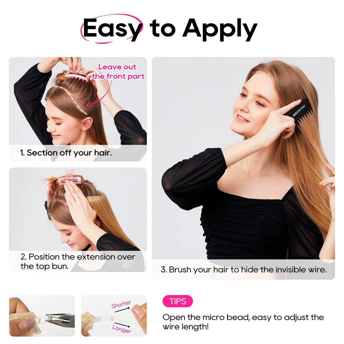 REECHO 12" Invisible Wire Hair Extensions with Thinner Softer Lace Weft Adjustable Size Removable Secure Clips in Short Straight Secret Hairpiece for Women - Light Brown