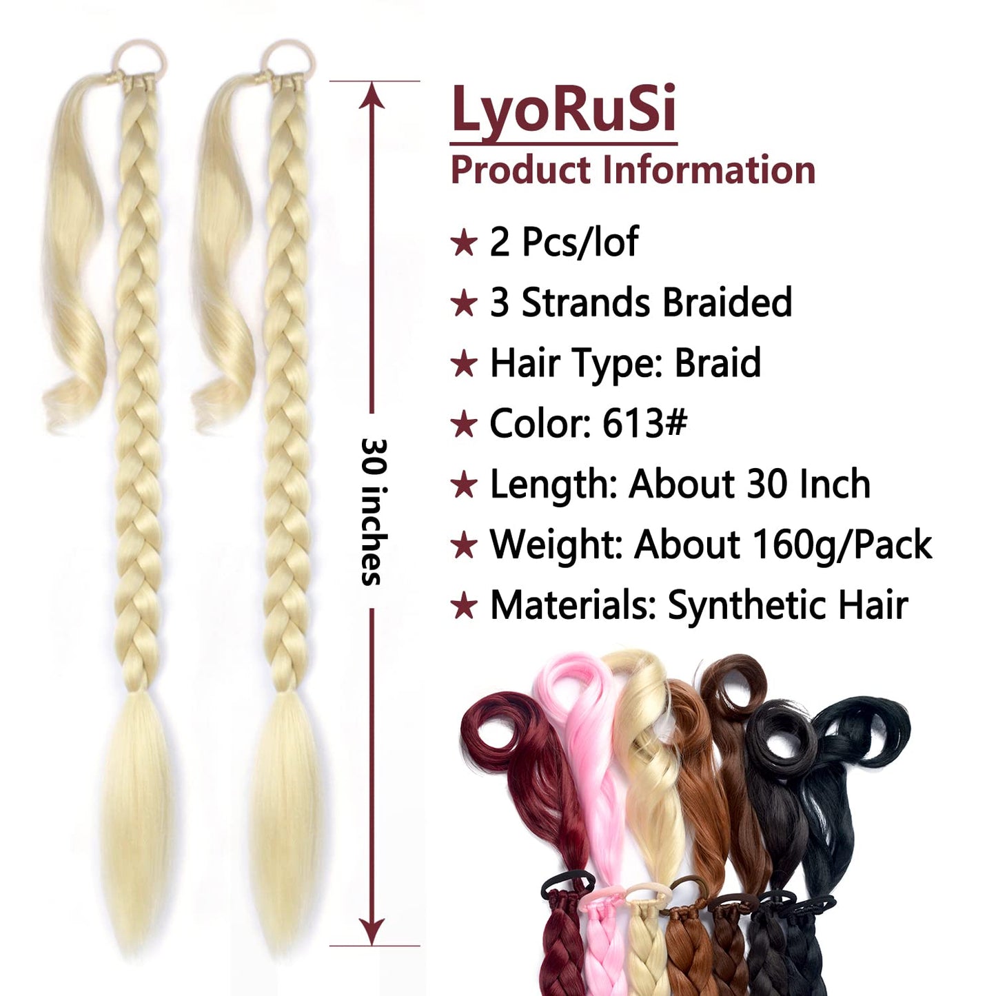 LyoRuSi 2 Pack Long Braided Ponytail Extension with Hair Tie Straight Wrap Around Braided Ponytail Extension(613#)