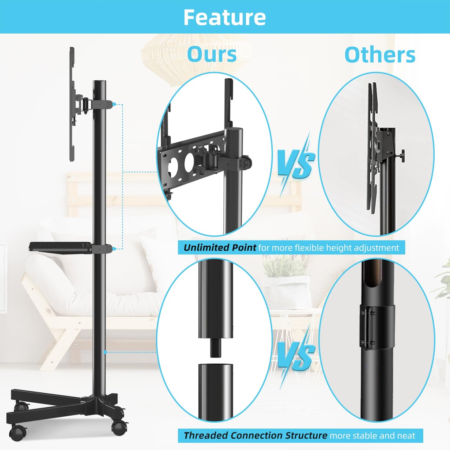 Mobile TV Carts on Wheels for 21-60 Inch Flat/Curved Panel Screens TVs - Height Adjustable Floor Trolley Stand with Shelf Holds up to 77lbs - Max VESA 400x400mm