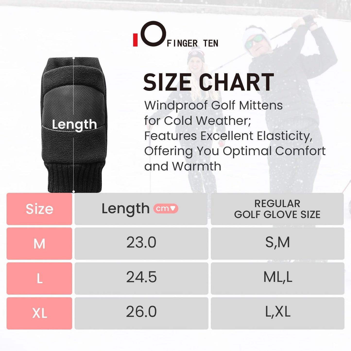 FINGER TEN Winter Golf Gloves Men Mitts Mitten Warm Fleece in Pair, Pull Up Fit Soft Comfortable Set (Upgraded Palm, Large)