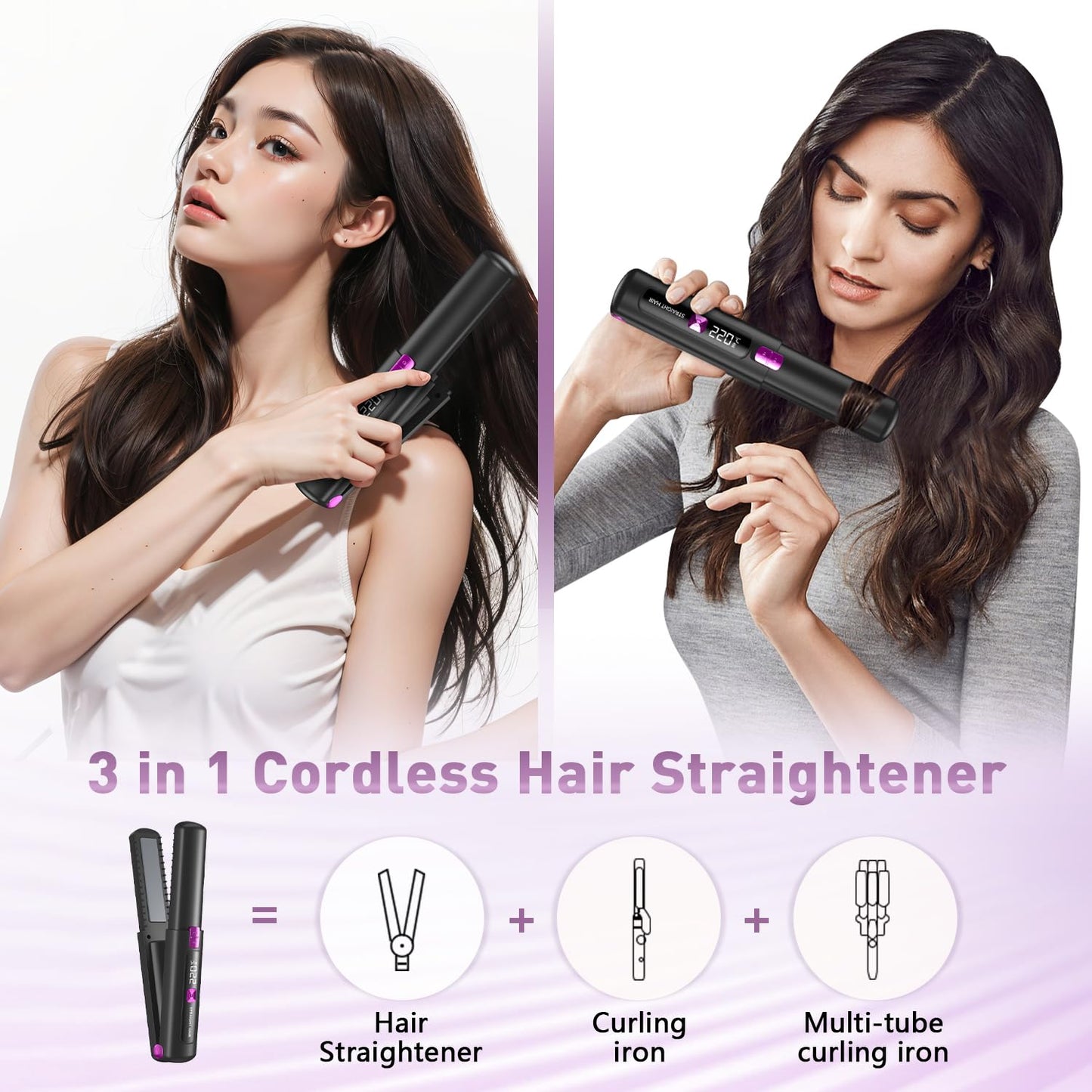 Hair Straightener,Cordless Rechargeable Flat Iron (LCD),Cordless Hair Straightener 4500mAh,Portable Travel Straightener and Curler 2 in 1,Mini Ceramic Curling Iron,USB Rechargeable Hot Tools