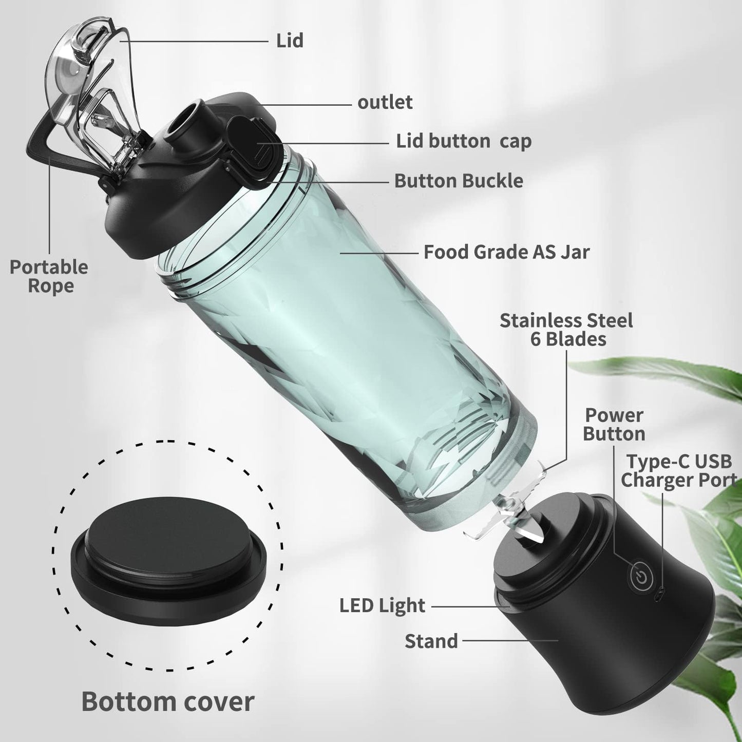 DENOKIN Portable Blender 20oz Vessel, Cordless Personal Size Blender for Shakes and Smoothies with 6 Blade Small Blender for Kitchen, Home, Travel