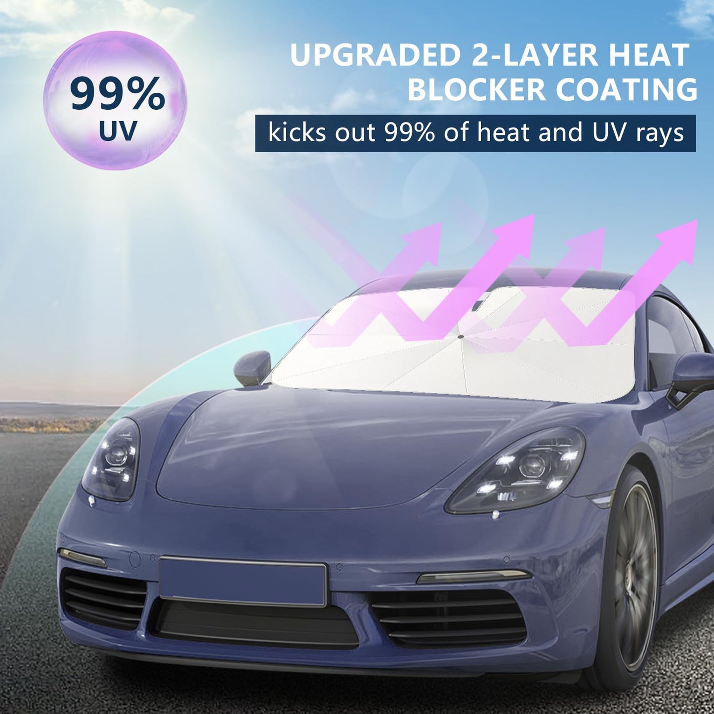 Tecoom Umbrella Sun Shade for Car Windshield 57"x32", Upgrade Double Heat Shield Coating, Front Vehicle Window Visor Sunshade Cover Universal for Sedan SUV, Automotive Interior Sun Protection UV Block