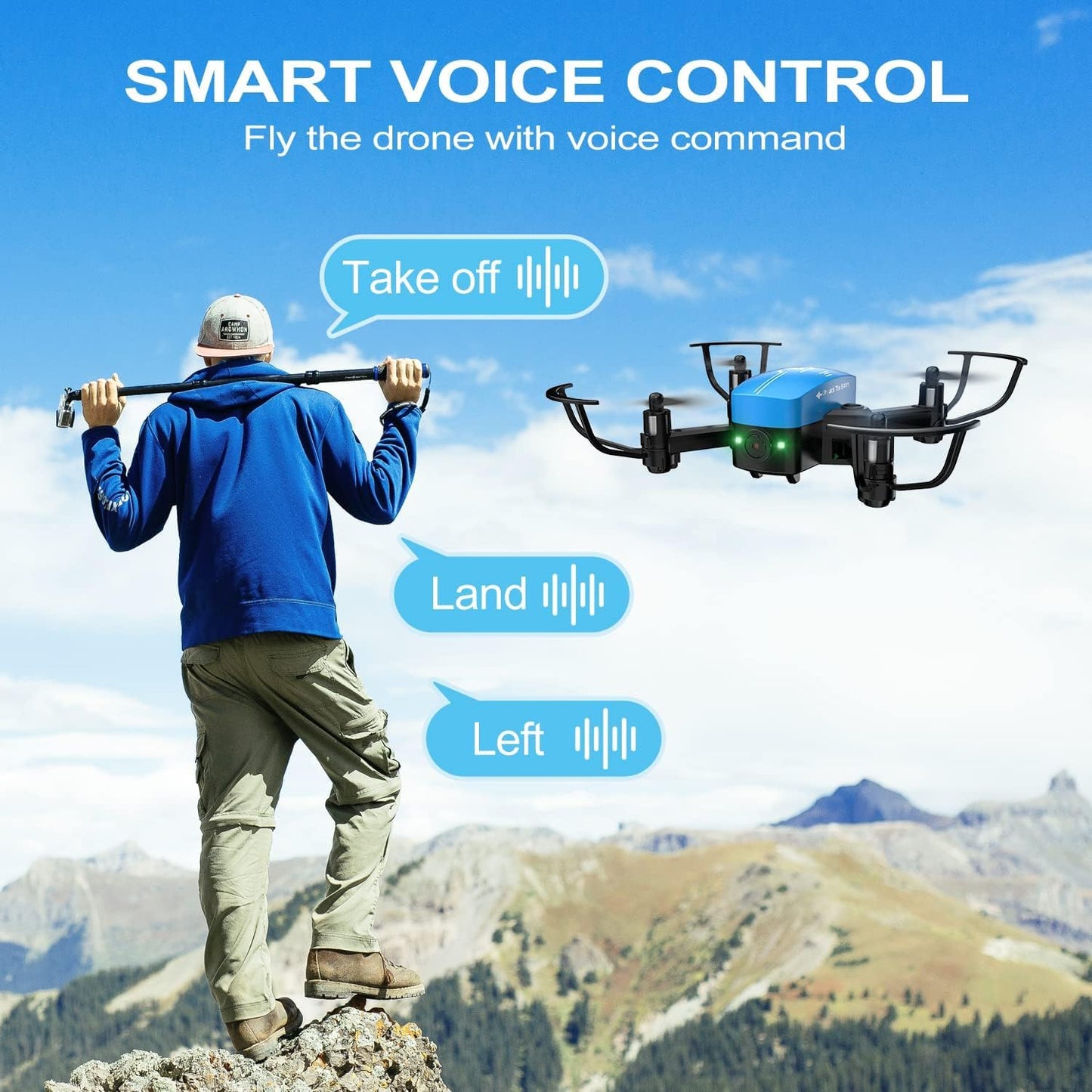 W Mini Drone with Camera for Kids and Adults, 1080p FPV Drones Toys for Ages 8-13, Pocket RC Quadcopter with Foldable Wings, Altitude Hold, Headless Mode, 3D Flips, Voice Gesture Control, Remote Control Drone, 2 Batteries