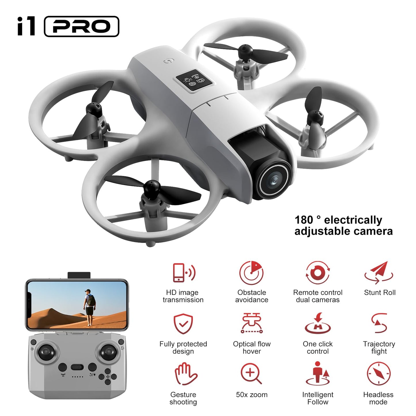 Drone with HD Camera for Adults, 360° Rolling Intelligent Obstacle Avoidance One-Key Takeoff/Landing, Headless Mode 2 Batteries Remote Control Drone Portable Mini Aircraft Gifts for Beginners Teens