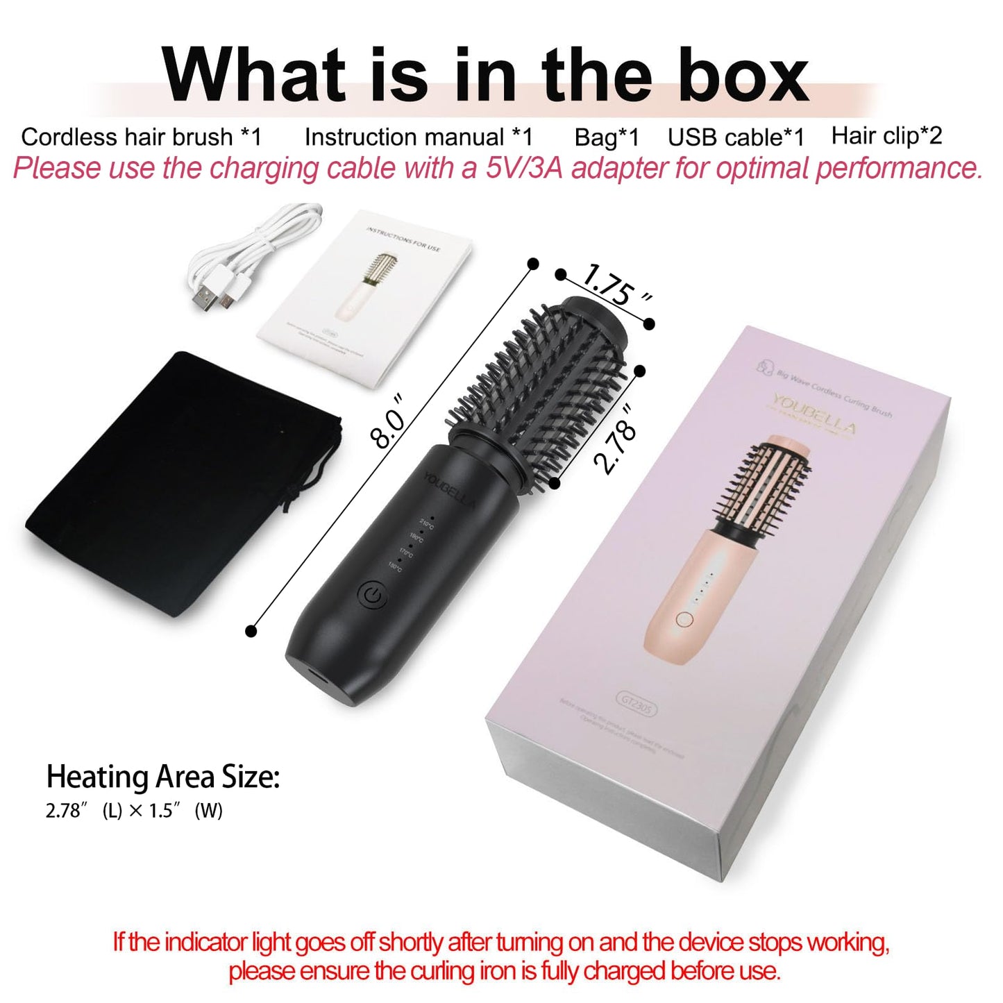 Youbella Cordless Hair Curling Iron Brush, Mini Travel Hot Straightener Comb, 3-in-1 Portable Wave Curling Wand, 1.5″ Ionic Heated Brush, USB Rechargeable Hair Curler, Pink