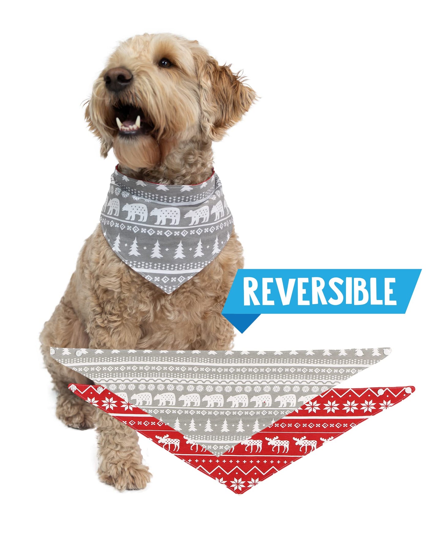 Lazy One Reversible Dog Bandana, Cute Accessories for Pets, Moose, Bear, Winter (Medium/Large, Nordic Dog)