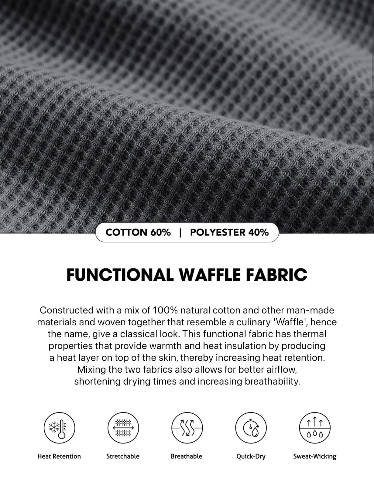CQR Men's Long Sleeve Thermal Underwear Tops, Midweight Waffle Crewneck Shirt, Winter Cold Weather Thermal Shirts, Mock Neck Top Dark Grey, XX-Large