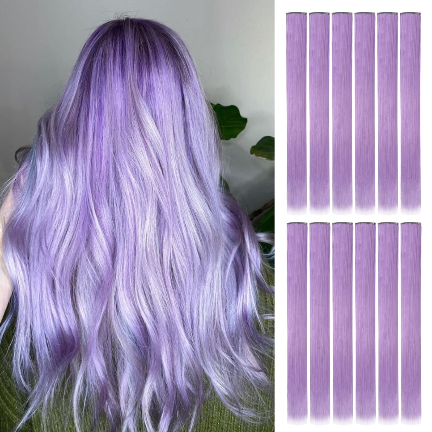 YaFex 12 Pcs Clip in Hair Extensions, 22 Inch Colored Hair Extensions Party Highlights Long Straight Synthetic Hairpieces for Women Kids Girls (Light Purple)