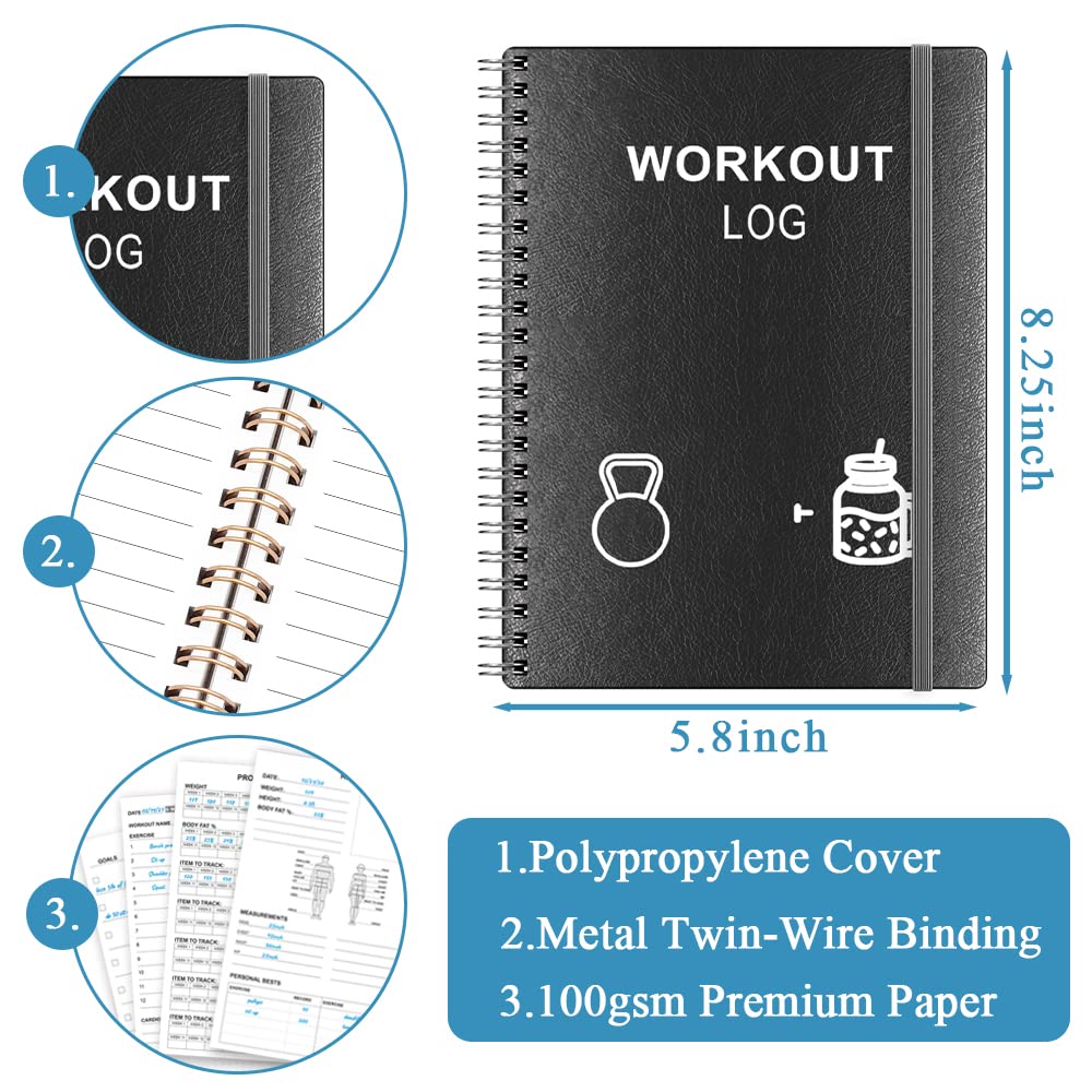 Workout Journal - A5 Fitness Journal/Workout Log Book to Track Weight Loss, GYM Journal, Bodybuilding Progress-Daily Health/Wellness Tracker, Exercise Journal for Women, Black PU Cover Fitness Planner
