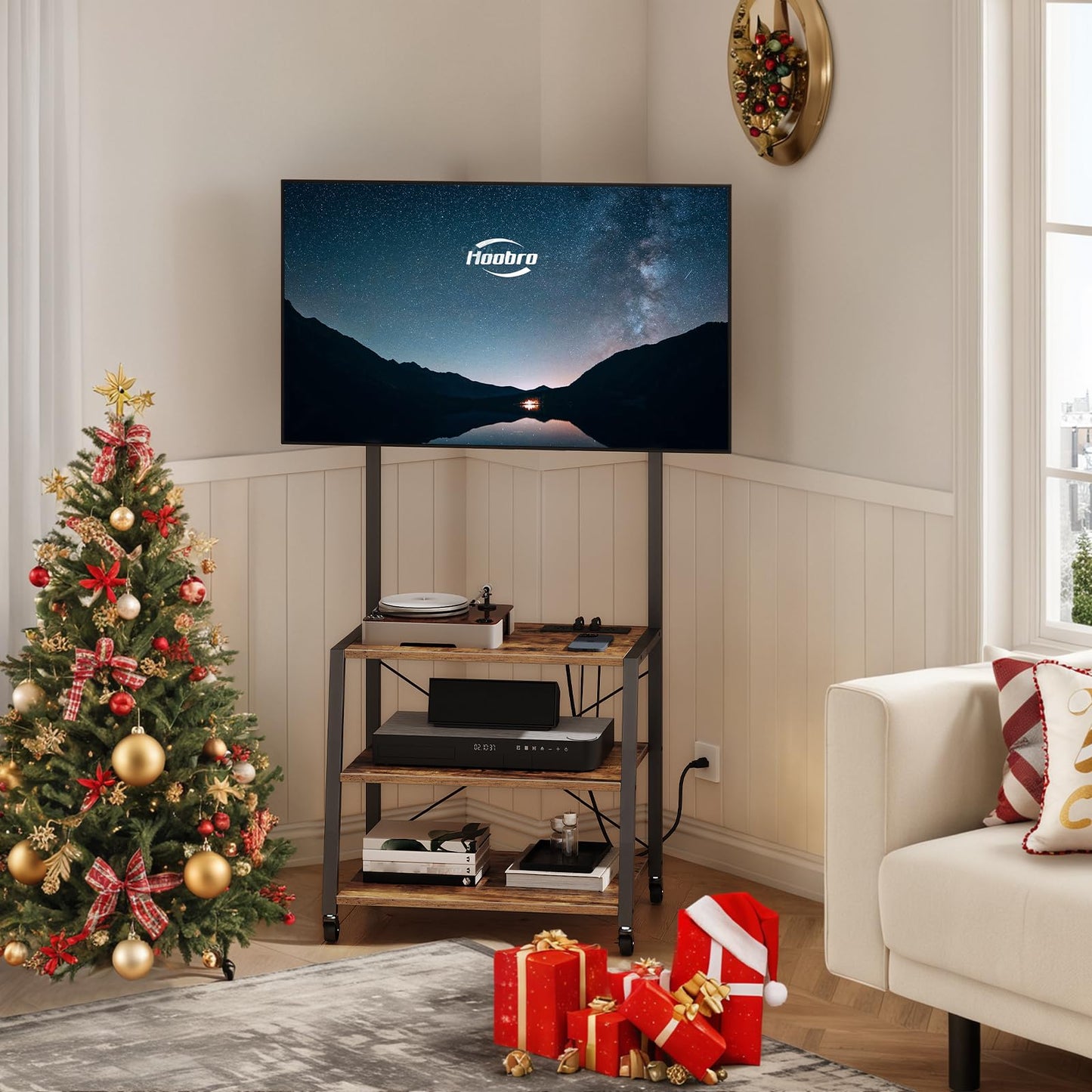 HOOBRO Rolling TV Stand with Mount and Power Outlet Up to 55 inch TV, Corner Entertainment Center, Small TV Stand with 3-Tier Storage Shelves for Living Room, Bedroom, Rustic Brown and Black BF66UDS01