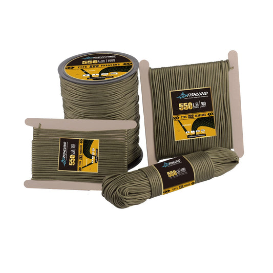 FISHLUND Paracord 550 lb, 7 Strand Type III Paracord Rope 250ft 4mm, High Strength Nylon Parachute Cord for Camping, Survival, Tactical and Hiking, Army Green