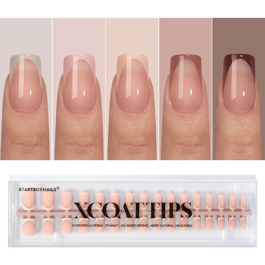 BTArtboxnails XCOATTIPS Press on Nails - French Tip Press on Nails, Fake Nails Short Square Nail Tips, Skin Tones Soft Gel Material Acrylic False Nails Gift for DIY at Home