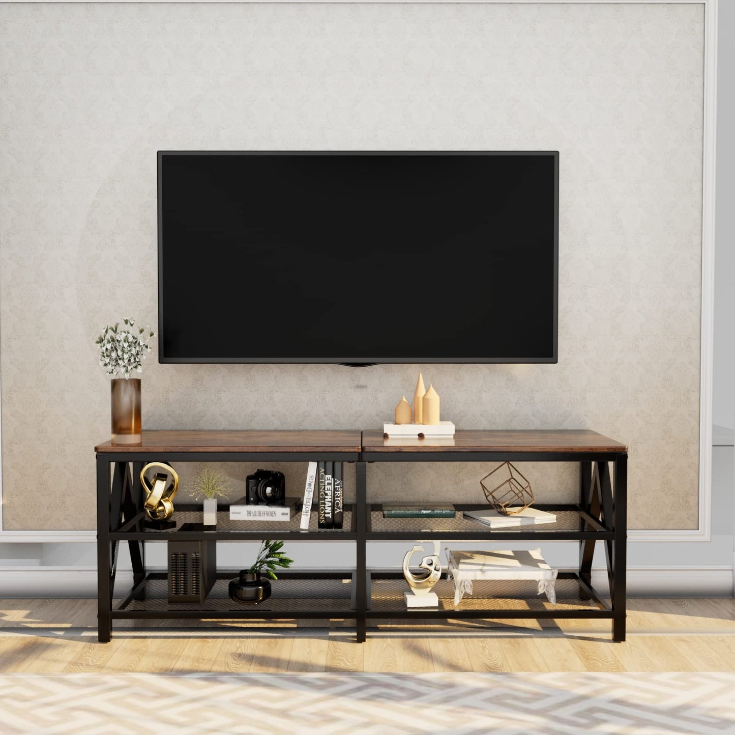 Katrawu TV Stand for TV up to 65 Inch, Long 55" TV Cabinet with 3-Tier Storage Shelves,Entertainment Center TV Console Table for Living Room with Industrial TV Metal Frame, Rustic Brown