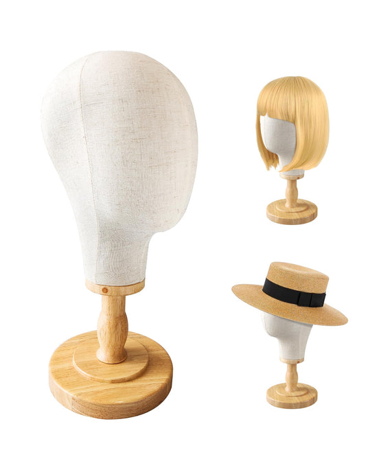 CHADWICK Wig Head Stand Mannequin Head Hat Display Stand Linen Wig Holder, Hat Rack Fabric Head, Canvas Dome + Detachable Wood Stand, Wig Display Model Head Wig Stand for Wigs, Hats, Caps, Headdress