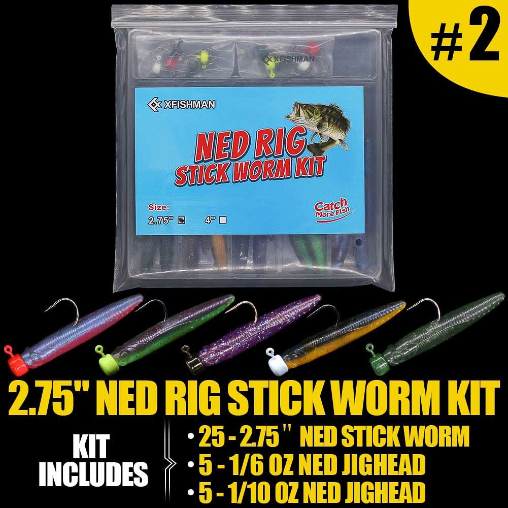 Ned-Rig-Kit-Finesse-Baits-Soft-Plastic-Worms-Fising-Lure for Bass Stick Swimbait Minnow Crawfish Lures Shroom Ned Jig Head Kit(35-Piece 2.75'' #02 Stick Worms Ned Rig Kit)