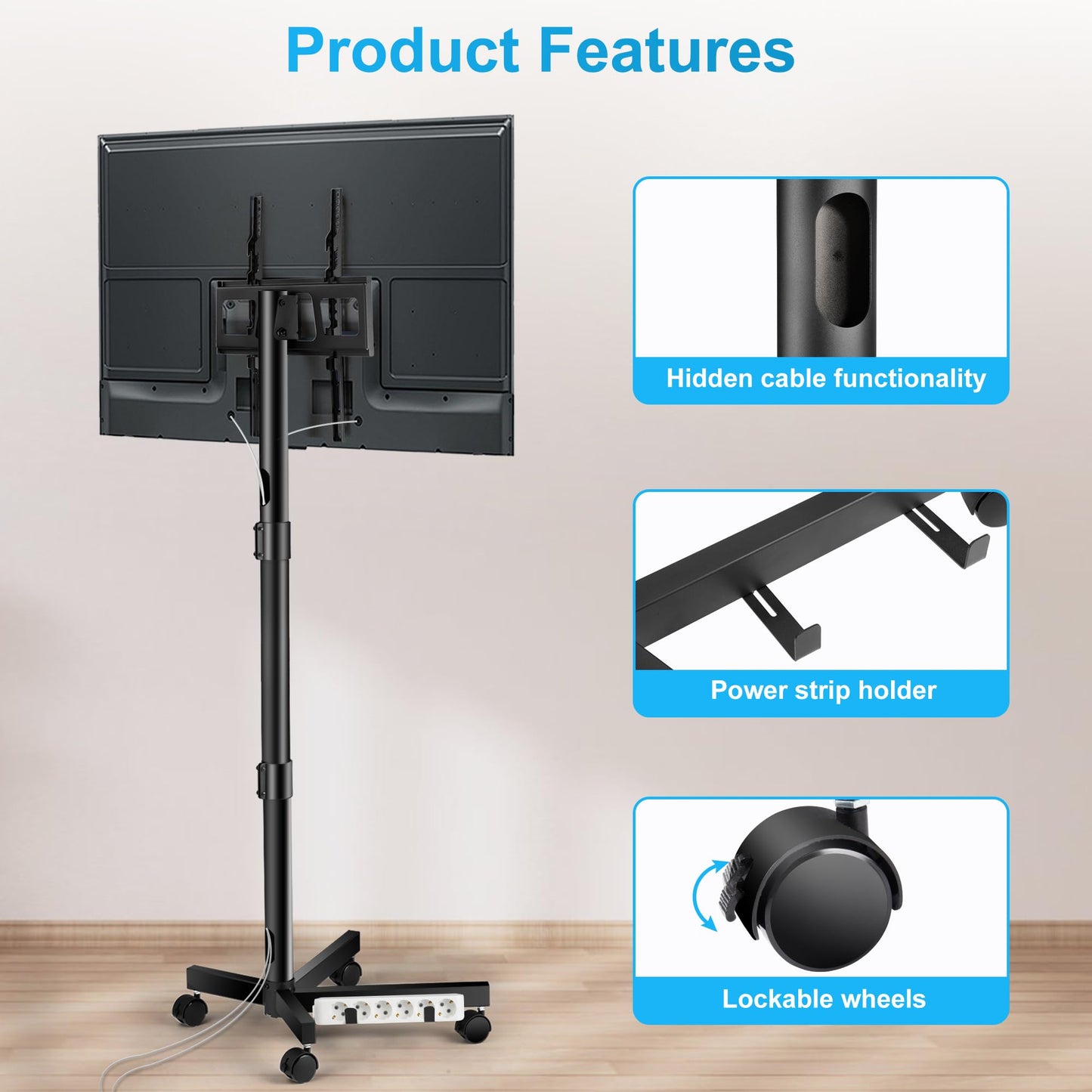 La Jaco Rolling TV Stand for 23-60 Inch LCD LED Flat Curved Panel Screens TVs, Height Adjustable Mobile TV Stand with Locking Wheels up to 55lbs, Tilting Smart TV Cart Max VESA 400x400mm