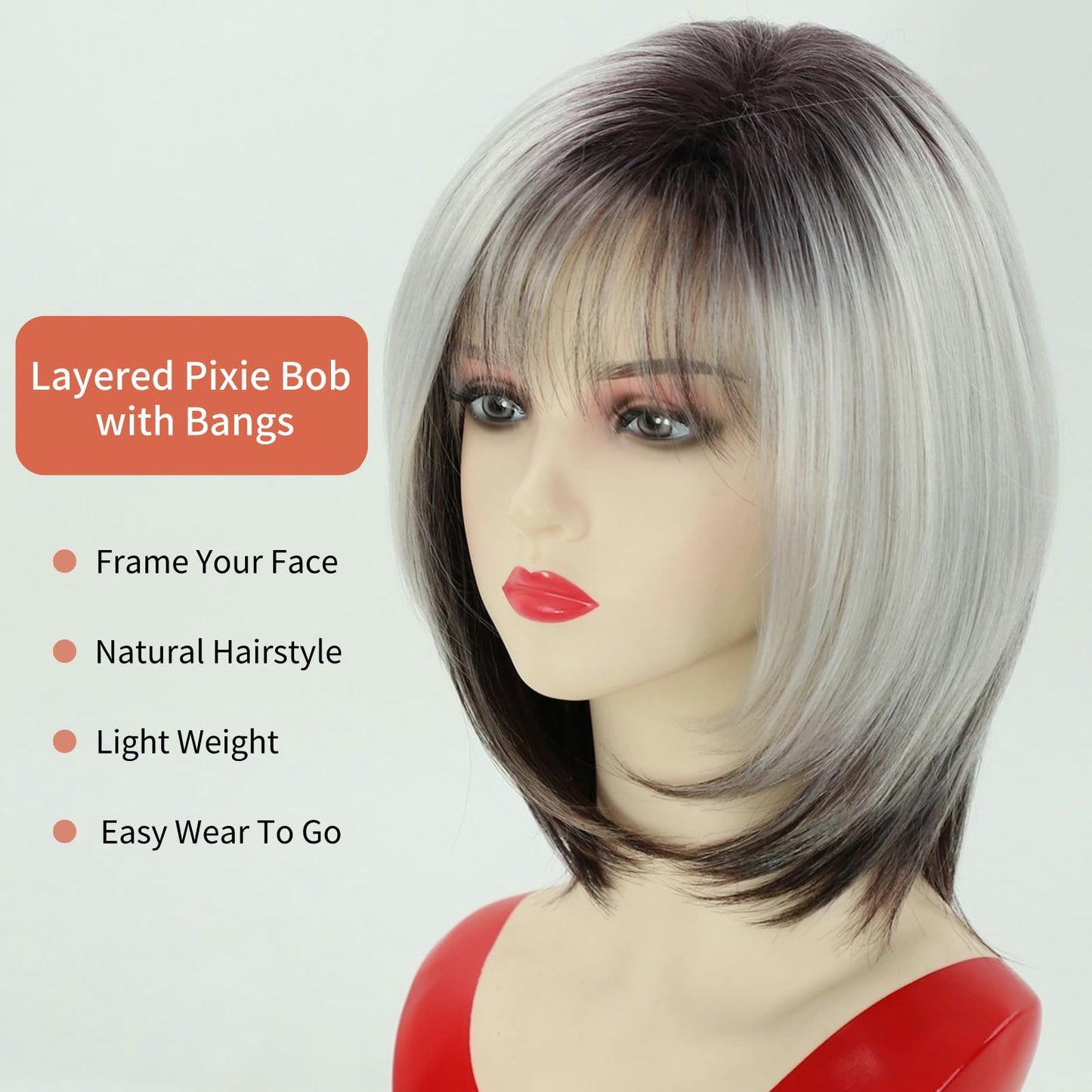 RENERSHOW Medium Length Bob Wig with Bangs for White Women Layered Blonde Balayage Bob Straight Hair Wig Natural Synthetic Hair Replacement Wig Ombre Platinum with Brown Wig