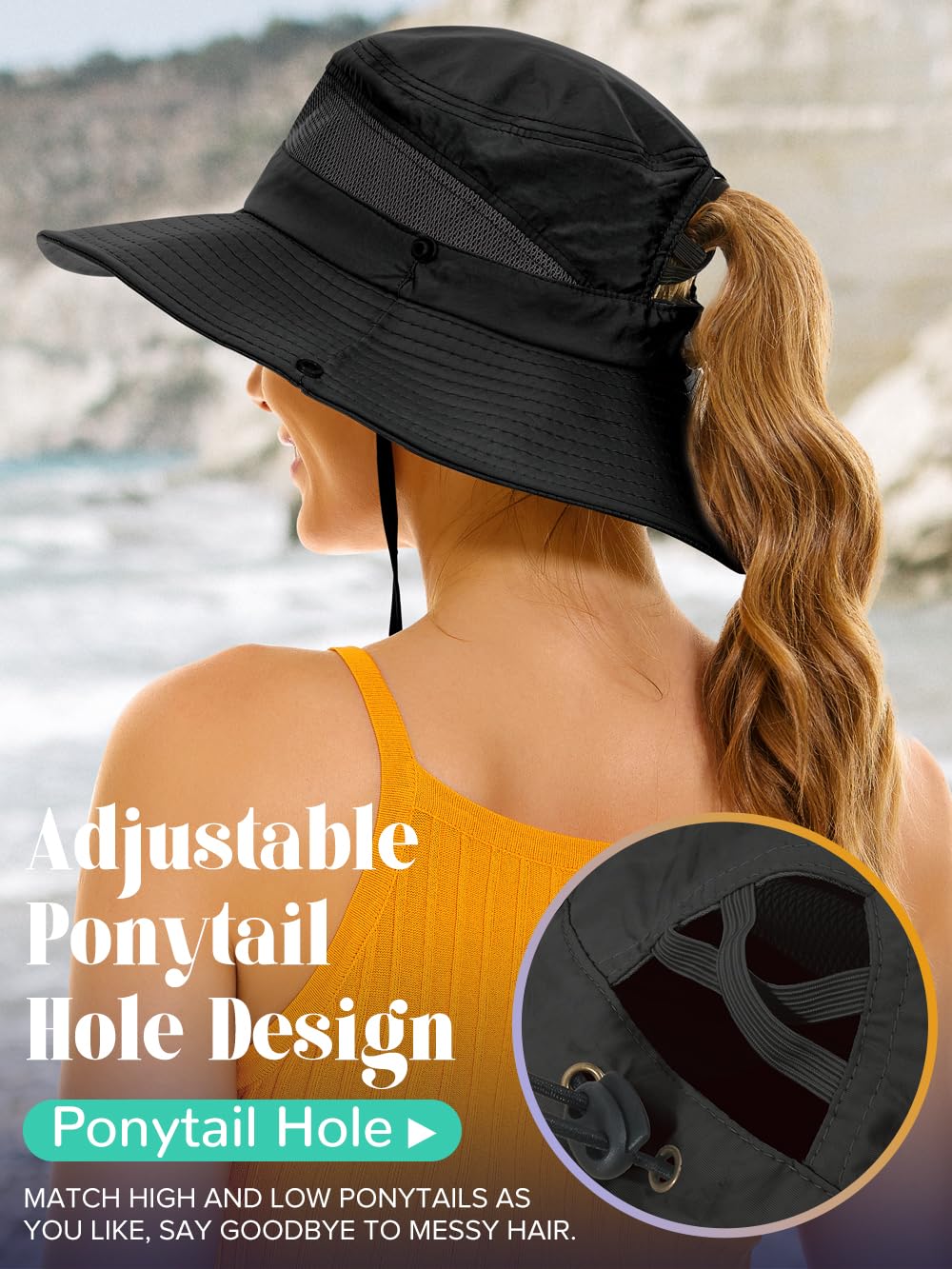 Sun Hat with Ponytail Hole for Women,Sun UV Protection UPF50+ Waterproof Beach Bucket Safari Hiking Hat for Women Black