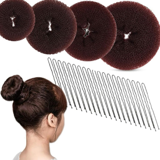 Hair Bun Maker for Women, 4pcs Donut Bun Maker for Kids in 4 Sizes, Magic Hair Donut for French Twist, Wrap, Snap Disk - Ballet Bun Maker,20pcs Bobby Pins Dark Brown