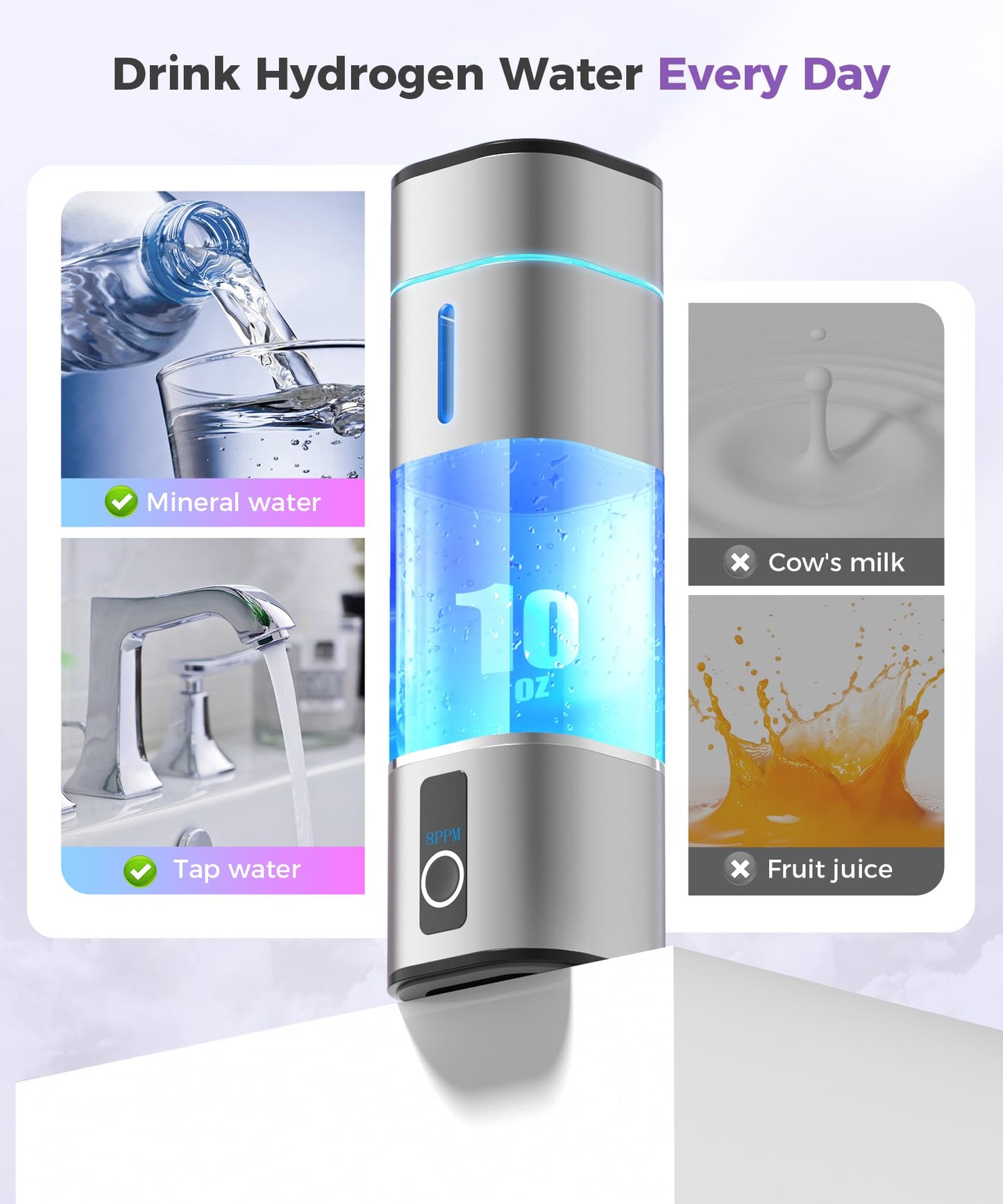 Amzany Hydrogen Water Bottle 6000-8000PPB, Portable Hydrogen Generator, Ion Water Bottle with LED Display, Suitable for Office, Travel and Daily Drinking