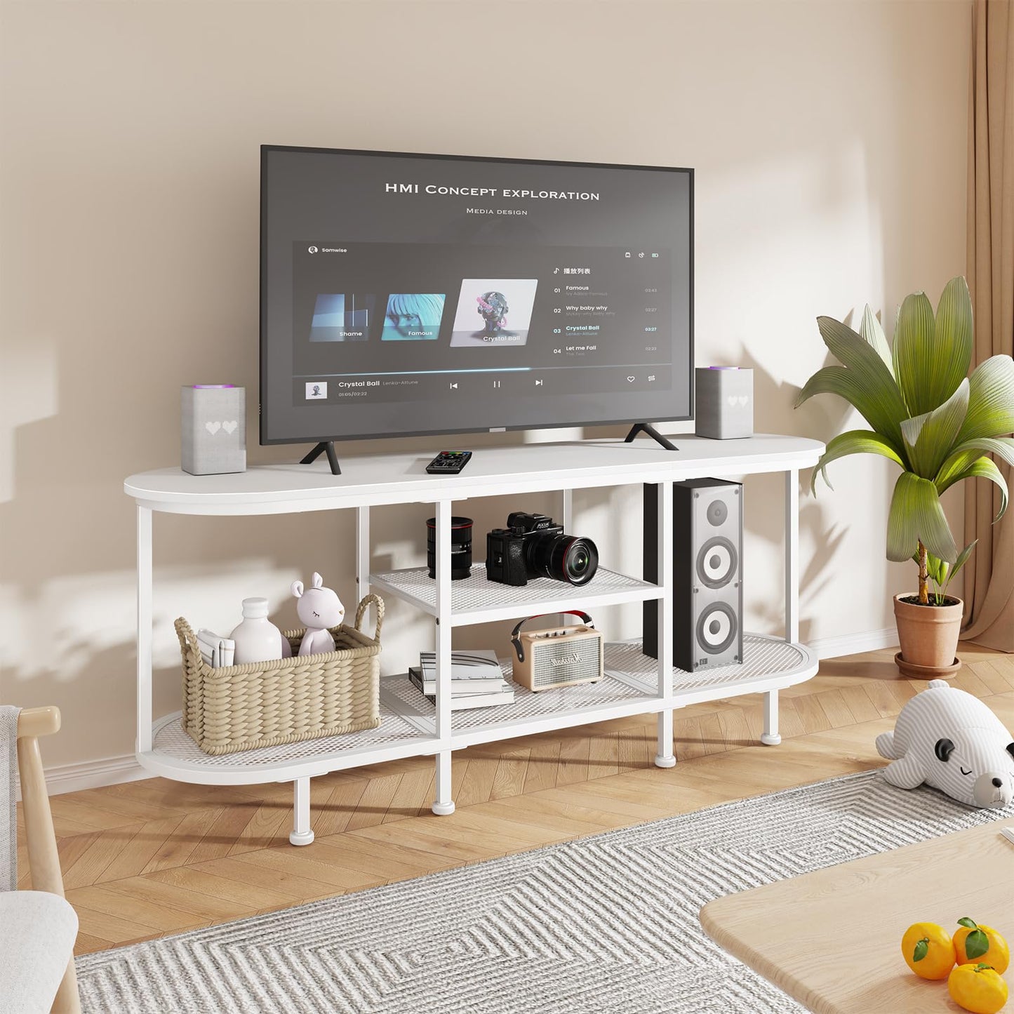 Leadpro TV Stand for Entertainment Center - TV Stands Table for Living Room - Small TV Console Table for Bedroom - Metal Television Stand with Storage Shelf - White