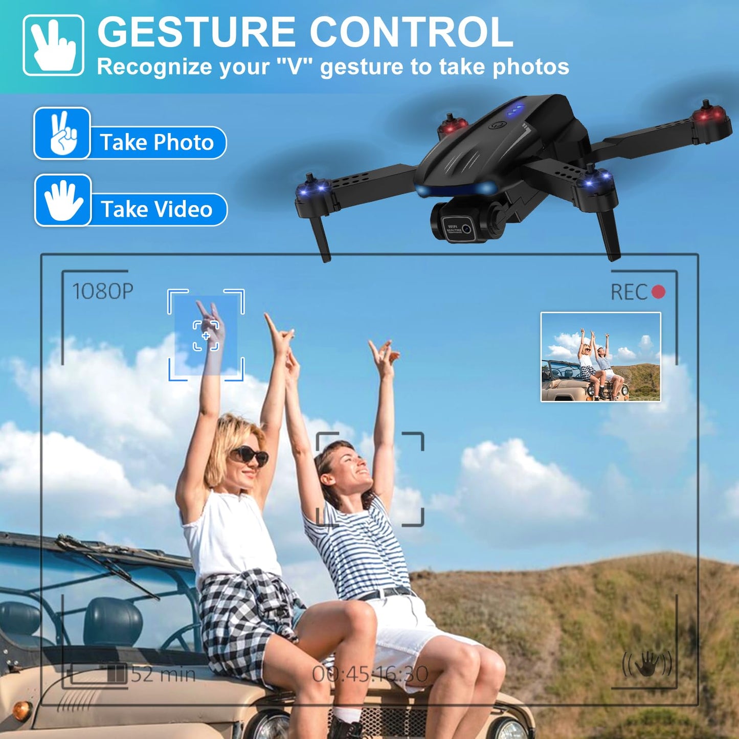X-shop Foldable FPV Drone with 1080P HD Camera for Kids & Adults, 2 Batteries, One Key Take Off/Land, Altitude Hold, Headless Mode, 360Flip, 3 Speed Modes, Waypoint Fly