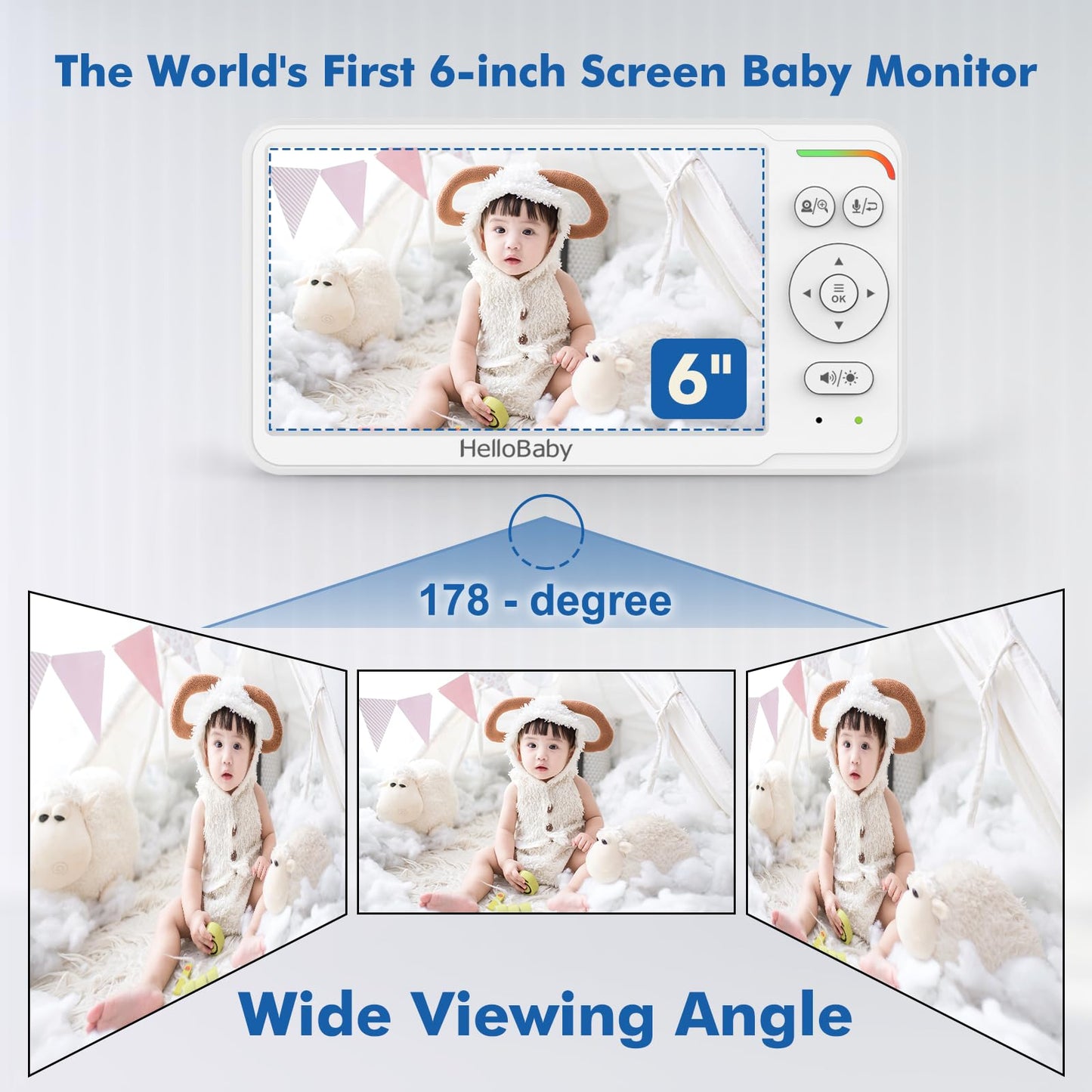 HelloBaby World's First 6" IPS Split Screen Baby Monitor with 2 Cameras - No WiFi, 30hr Battery, 355° Pan-Tilt, Night Vision, 1000ft, Portable Travel Video Audio Monitor with Temp Alert/Lullabies/VOX
