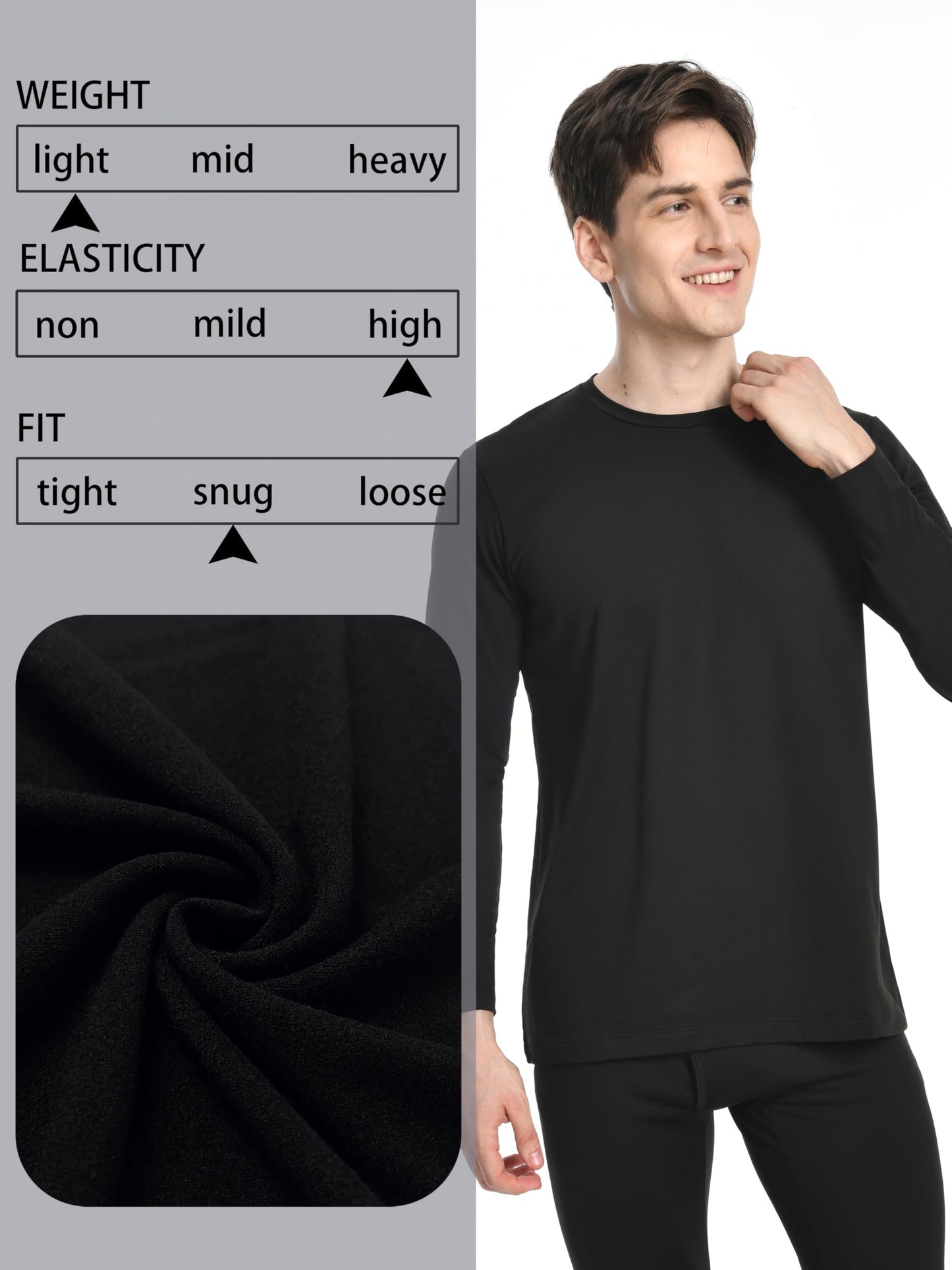 Nutria Mens Thermal Underwear Tops 2 Packs Long Sleeves Thermal Shirts for Men Fleece Lined Undershirt Winter Baselayer Crew Neck Lightweight U07A 2-Pack Black XX-Large