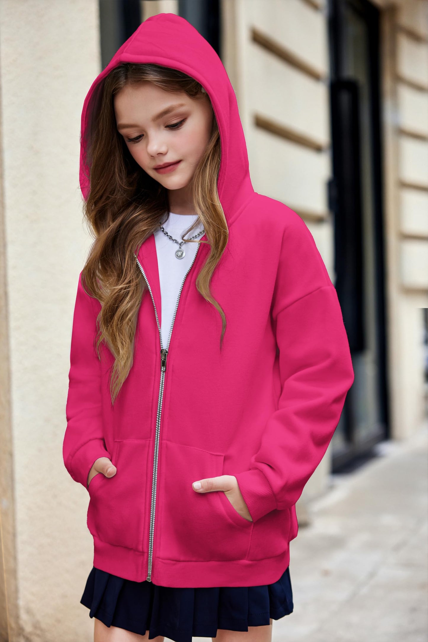 Arshiner Tween Girls Fuzzy Zipper Hoodie Sweatshirt Pink Winter Basic Jacket With Kangaroo Pocket for 12-13 Years