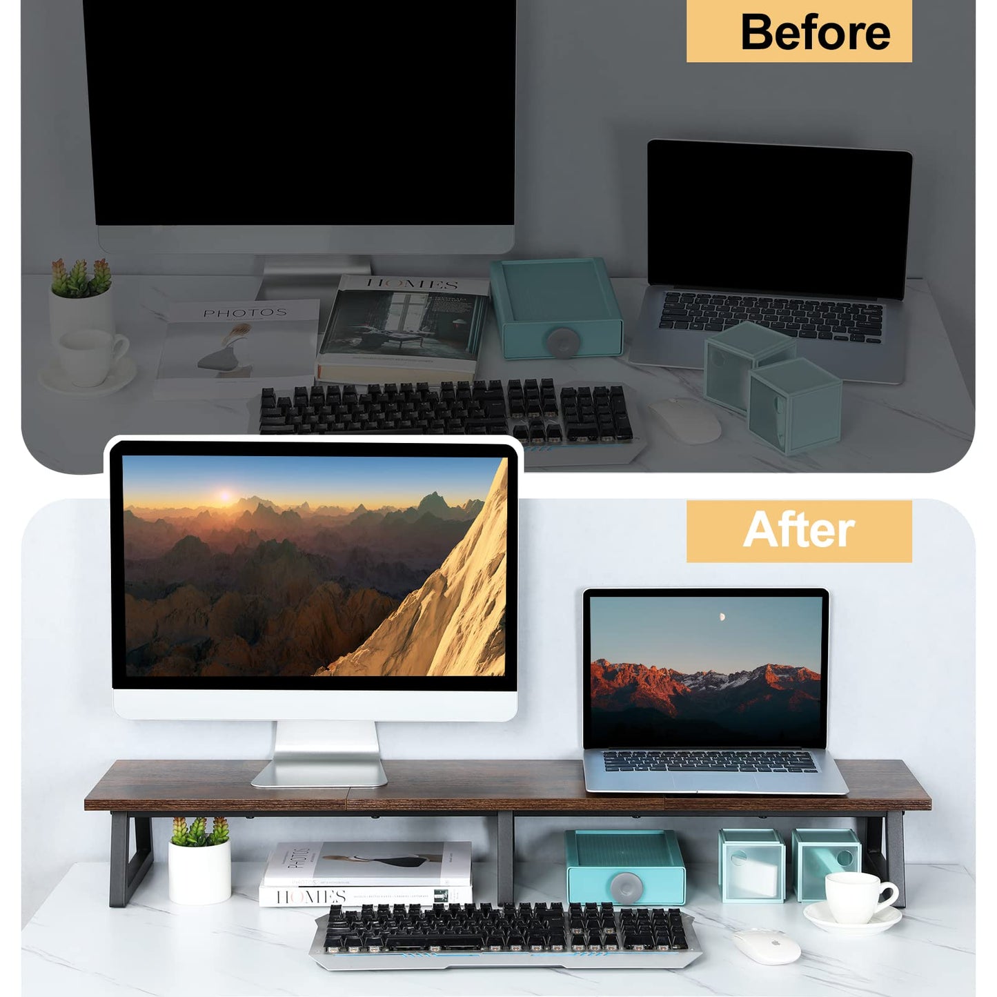 TEAMIX 42 inch Large [Dual] [Monitor] [Riser],Rustic Brown Extra Long TV [Stand Wood & Steel Desktop [Riser] with Storage for [Dual] Screen Office Desk Organization