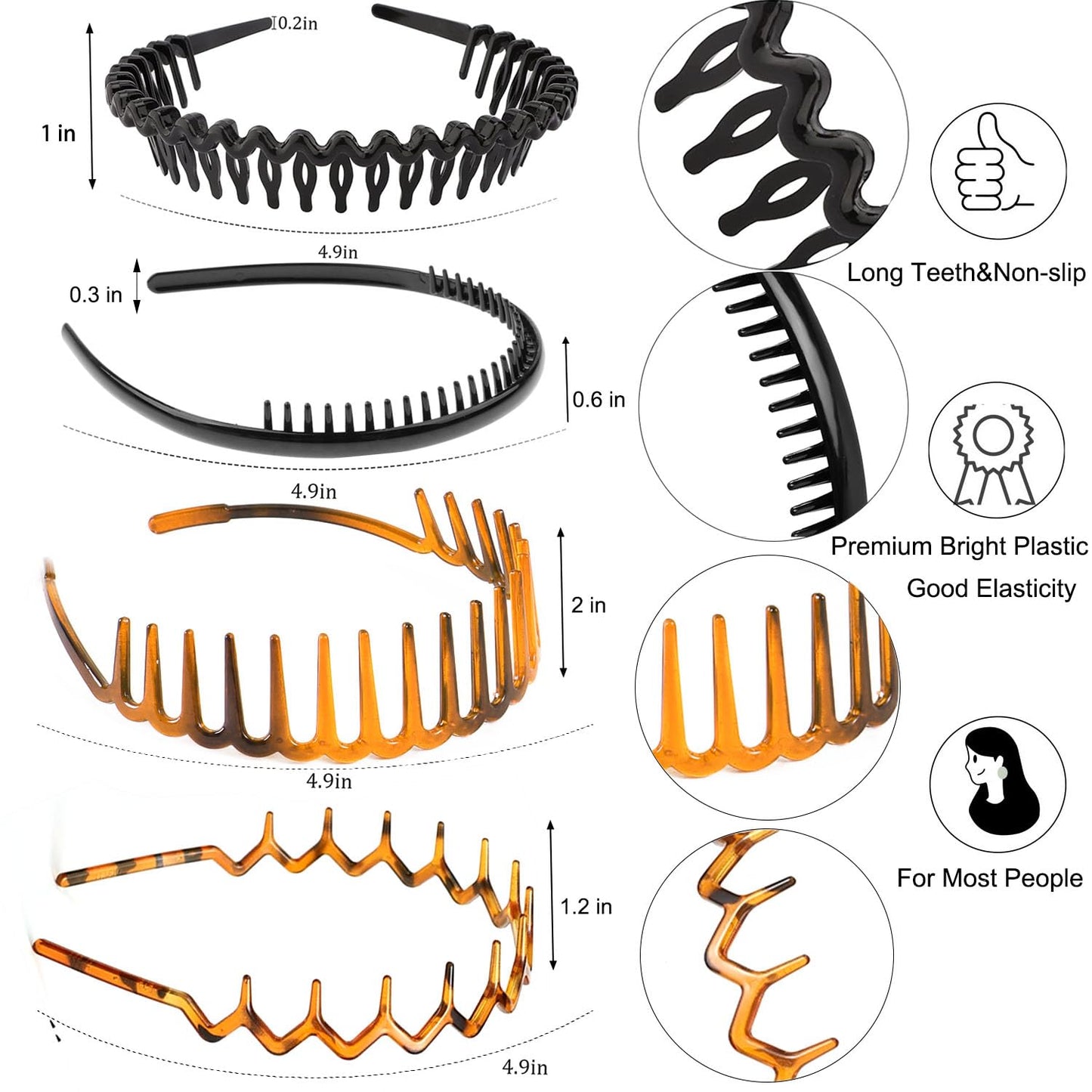 ULTIMUTE 8 PCS Fashion Effortless Plastic Headbands with Teeth Comb Black Skinny Headbands No Slip Hair Accessories Bands for Women Men Teen Girls, Amber&Bright Black