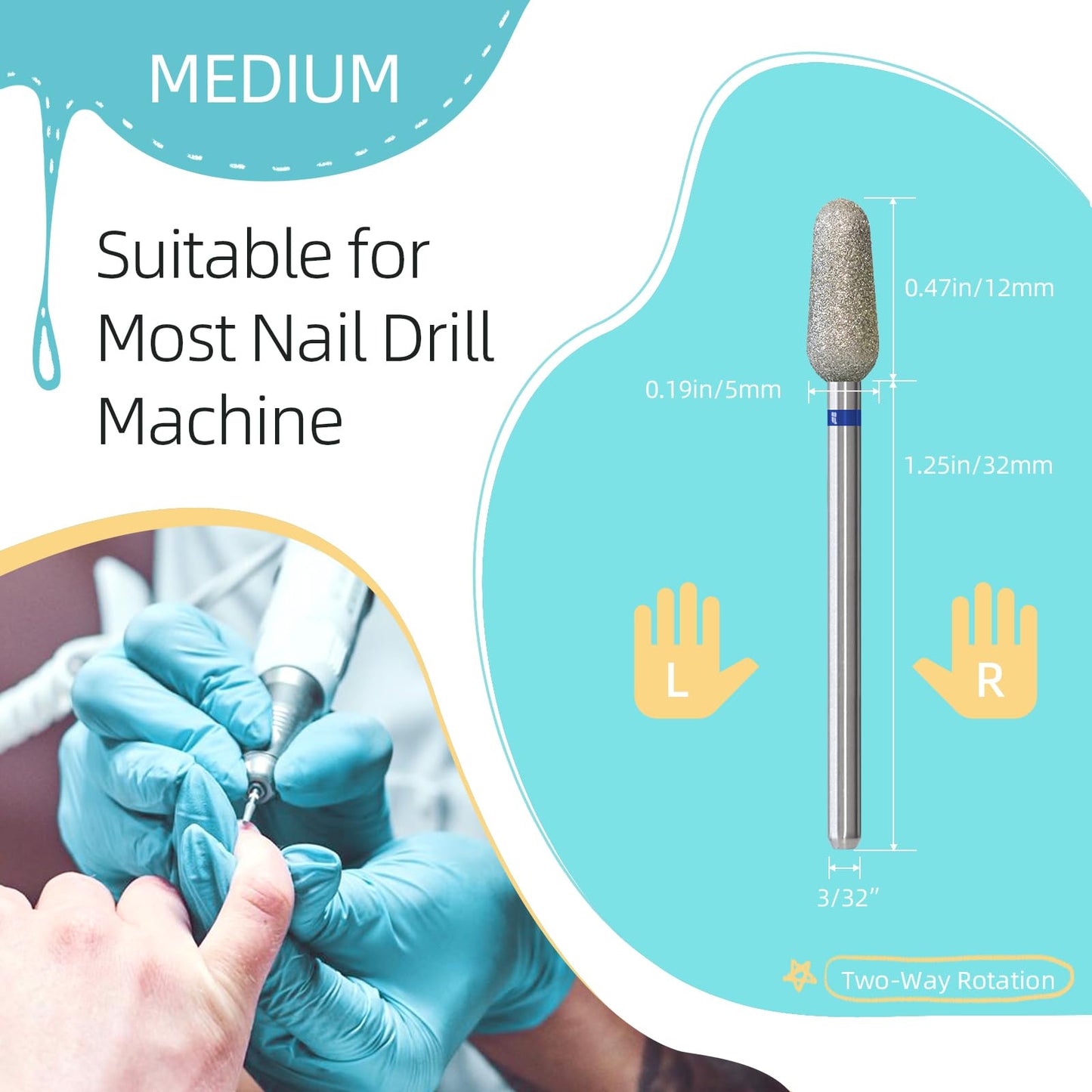 HYTOOS 5mm Conical Round Cuticle Clean Nail Drill Bit, Russian Diamond Nail Bits Professional Safety Under Nail Cleaner Burr for Cuticle Dead Skin, Electric Nails Drill Accessories, Medium