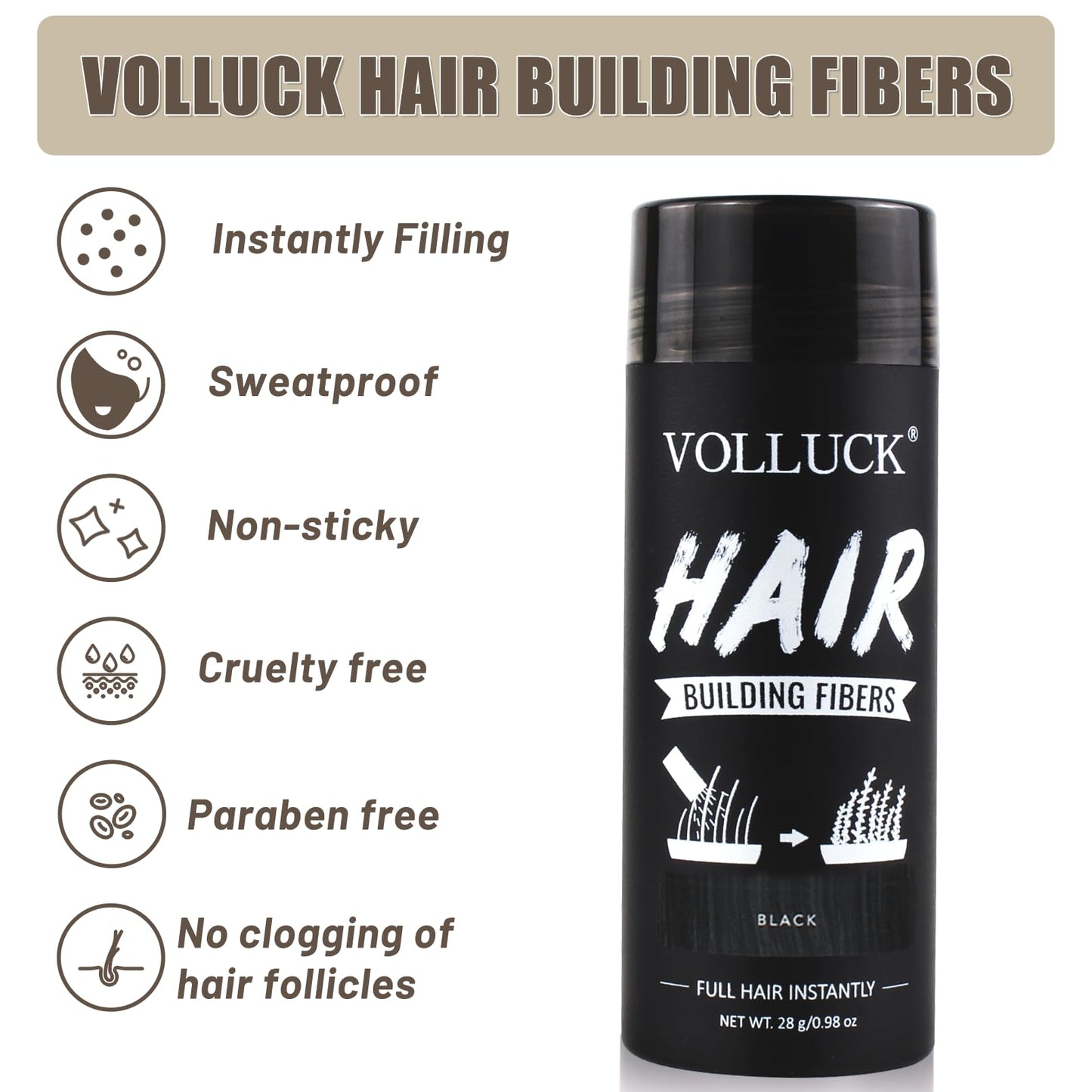 VOLLUCK Hair Fibers for Thinning Hair, Instant Coverage Hair Building Fibers for Women and men, Natural Hair Powder for Conceal Hair Loss 28 g (Black)