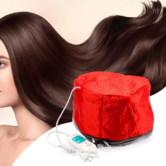 Electric Hair Steamer Cap with Temperature Control, Removable Thermal Hair Care Hat for Home Spa (Red Type)
