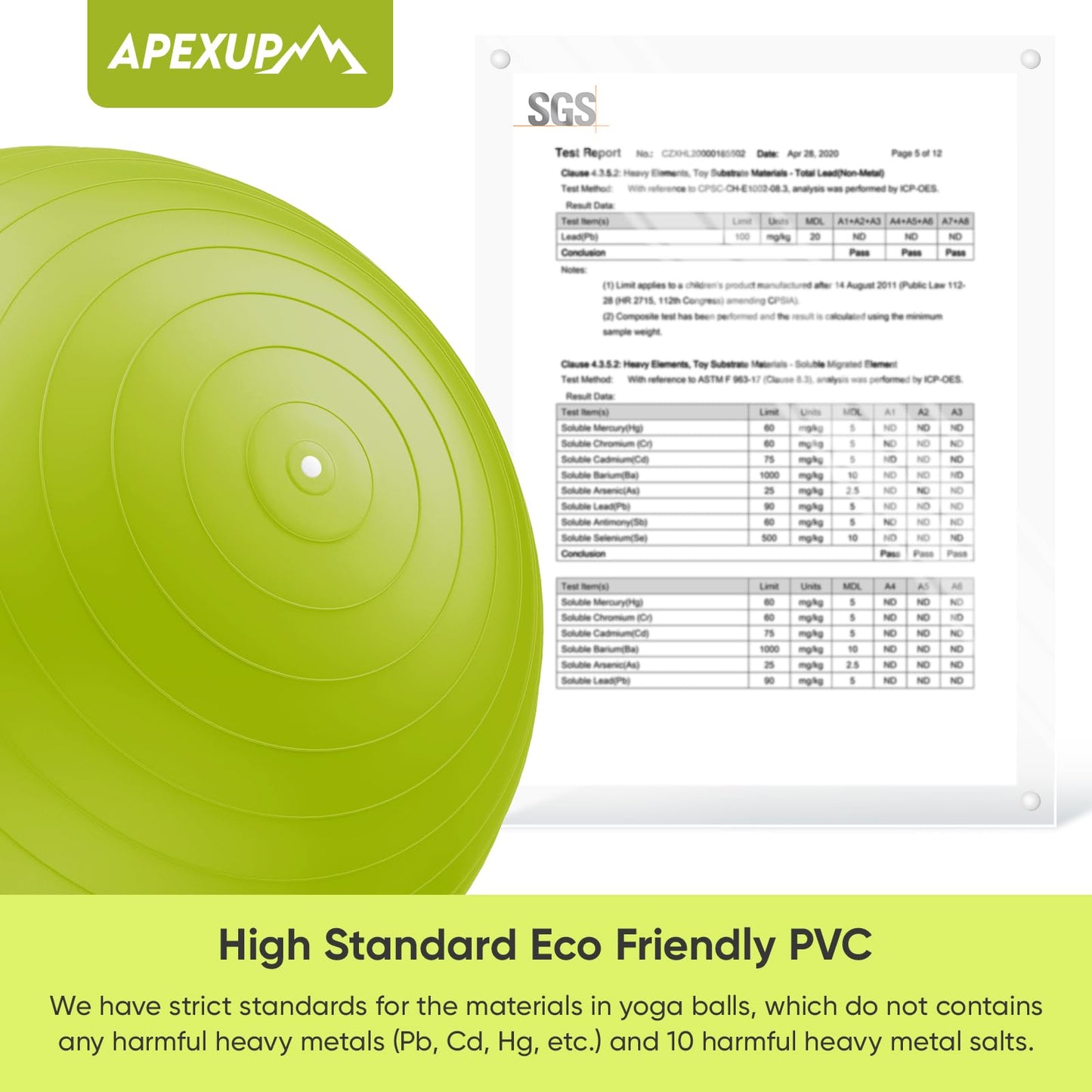 APEXUP Yoga Ball Exercise Ball, Anti Slip Stability Ball Chair, Heavy Duty Large Gym Ball for Fitness, Balance, Core Workout and Physical Therapy (S (15"~18") 45cm, Green)